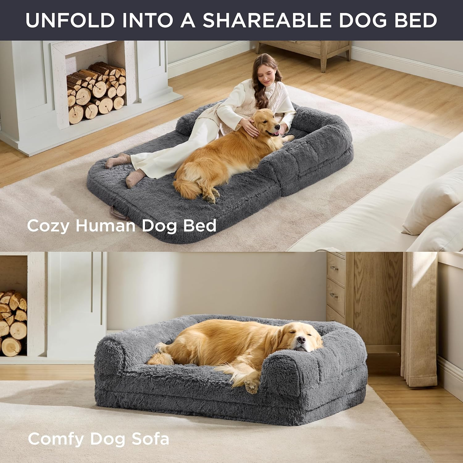 Foldable Human Dog Bed for People Adults, 2 in 1 Calming Human Size Giant Dog Bed Fits Pet Families with Egg Foam Supportive Mat and Waterproof Liner, Faux Fur Orthopedic Dog Sofa, Dark Grey image number 6