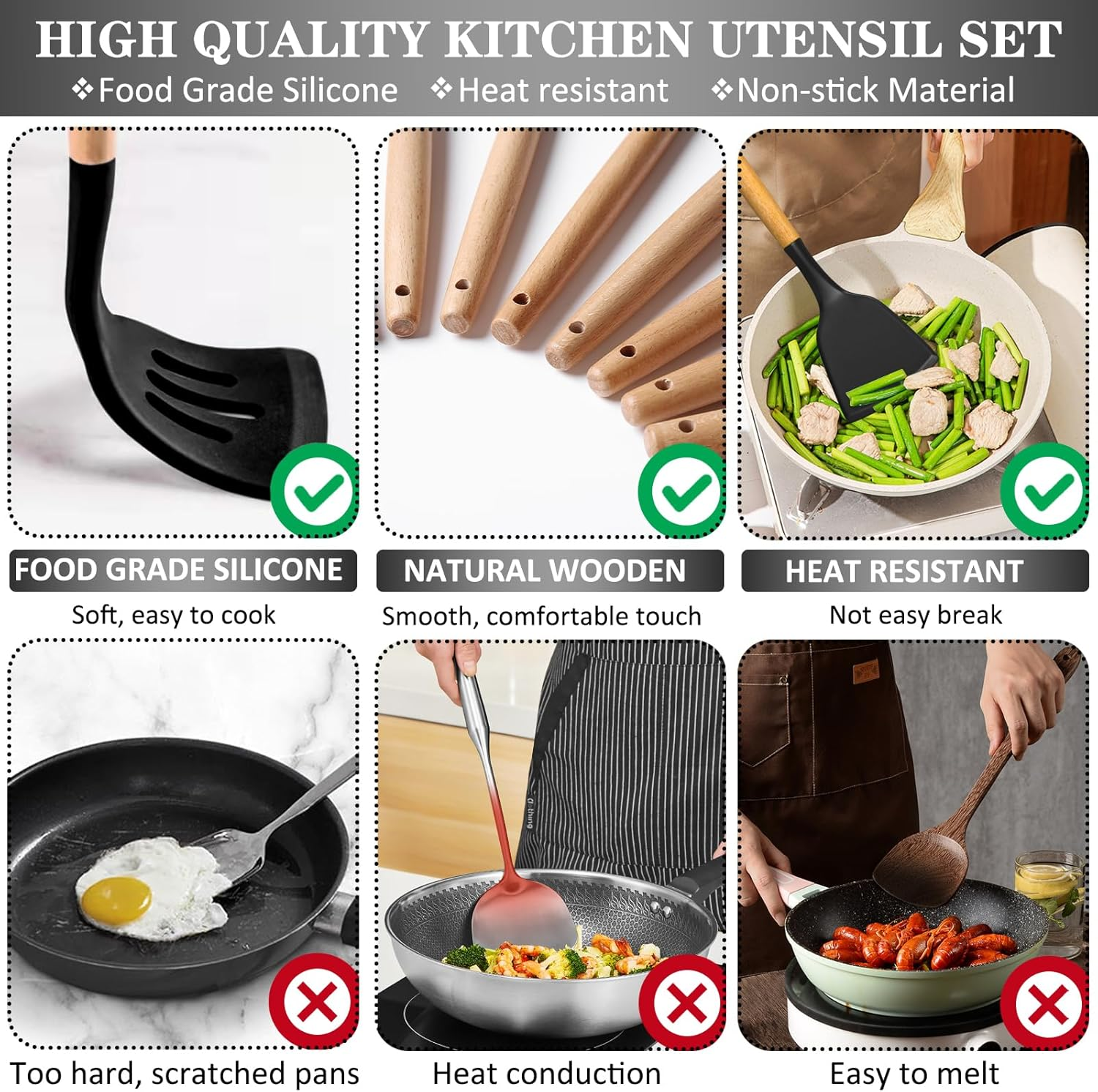 Silicone Cooking Utensils Set, 43Pcs Non-Stick Heat Resistant Kitchen Utensils Spatula Set with Wooden Handle for Baking, Cooking, and Mixing, Best Kitchen Gadgets Tools with Holder (Black) image number 1