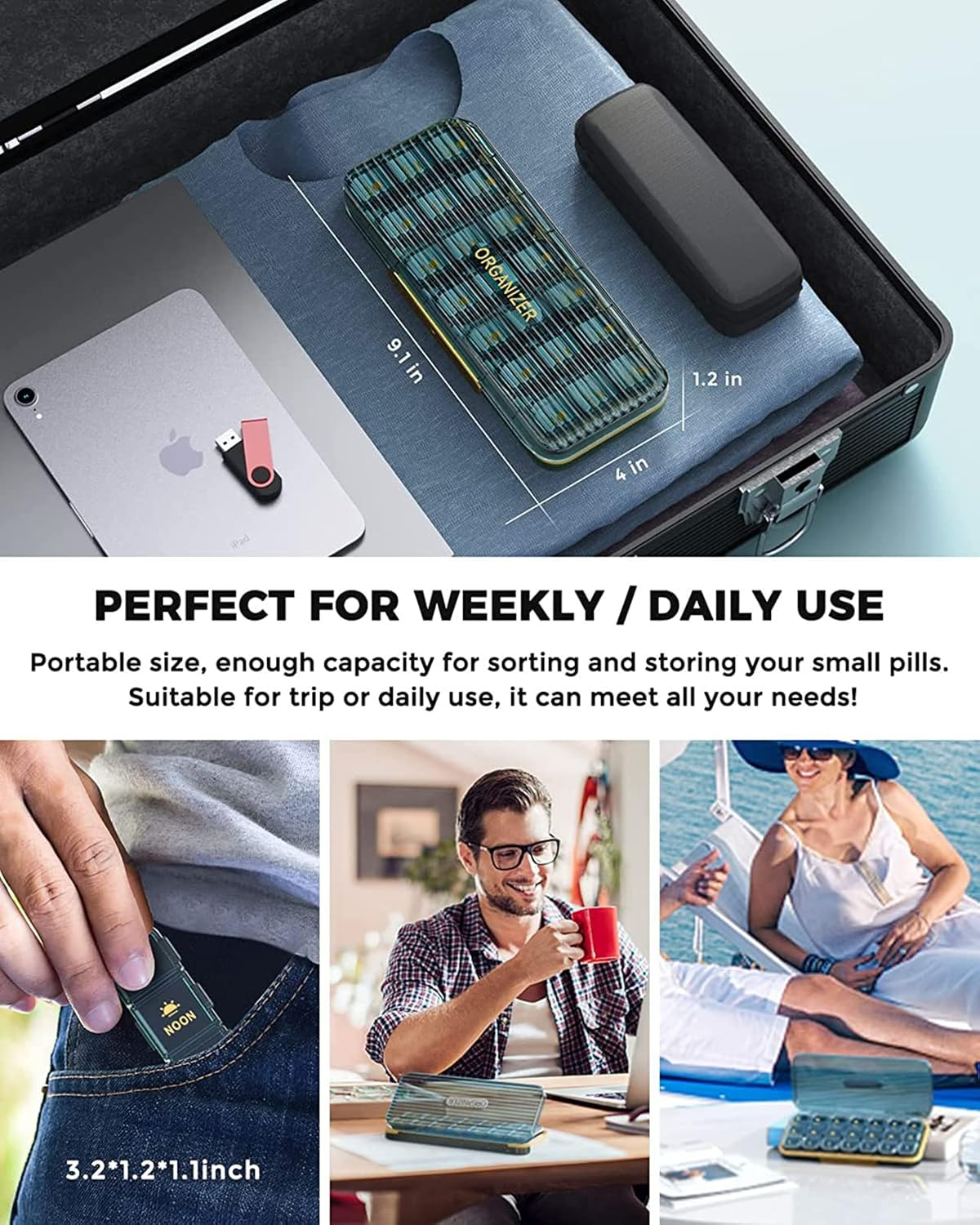 Weekly Pill Organizer, 3-Times-A-Day Pill Container 7 Day Vitamin Pill Box Portable Travel Medicine Box with 7 Daily Container, Medicine Dispenser Case for Vitamins, Fish Oils, Supplements - Blue image number 3