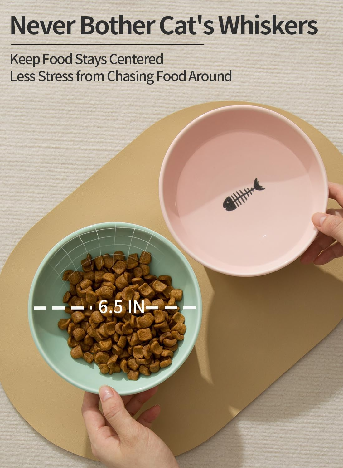 OMAYKEY Extra Wide Raised Cat Bowls, 6.5 Inch Wide Ceramic Tilted Elevated Cat Bowl, Prevent Neck & Whisker Fatigue, anti Vomit for Cats Puppies, Dishwasher and Microwave Safe, 2 Pack - Grey,White image number 2