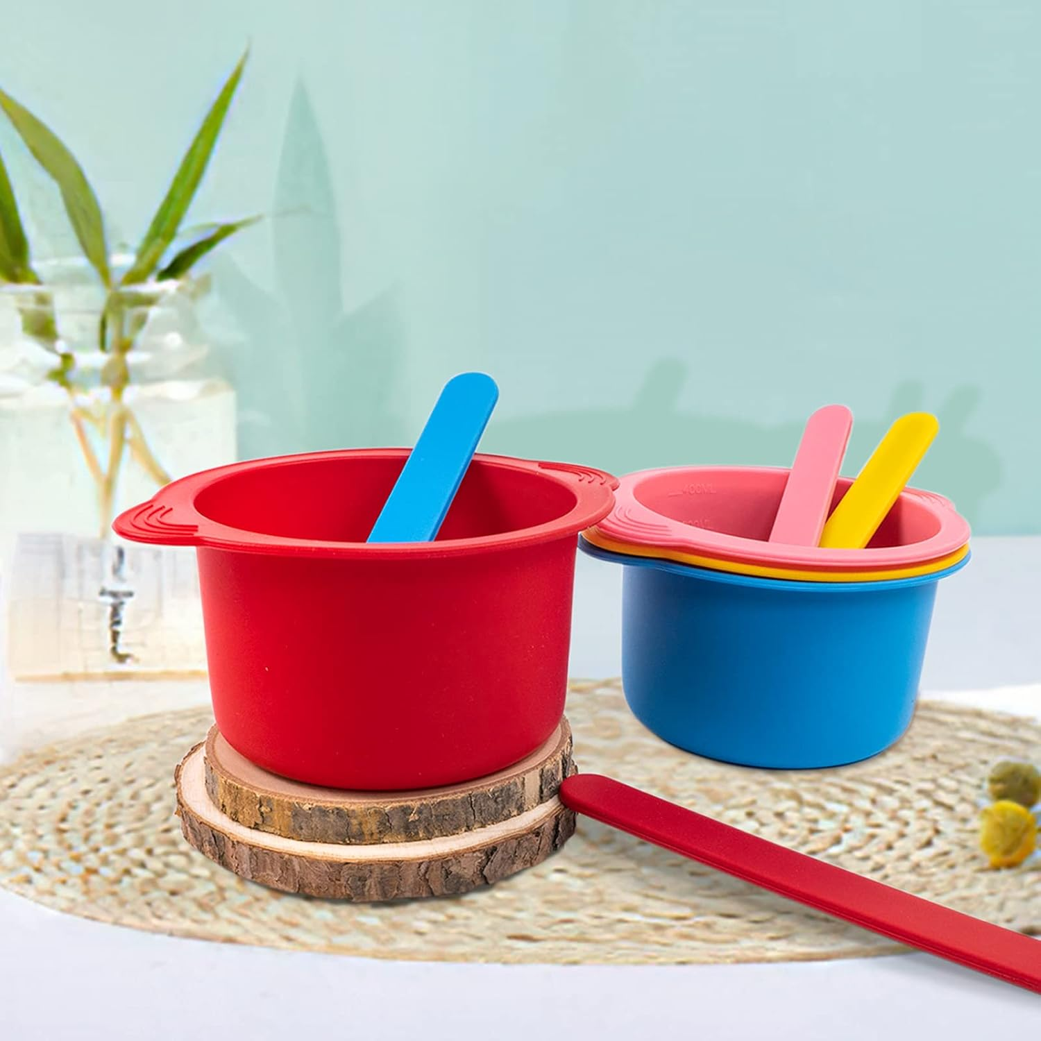 4 Pcs Silicone Wax Warmer Liner, Non-Stick Wax Melt Liner，Easy to Clean Wax Warmer for Hair Removal, Wax Pot for Hair Removal with 4 Pcs Silicone Stirring Bar (Red, Pink, Blue, Yellow) image number 2