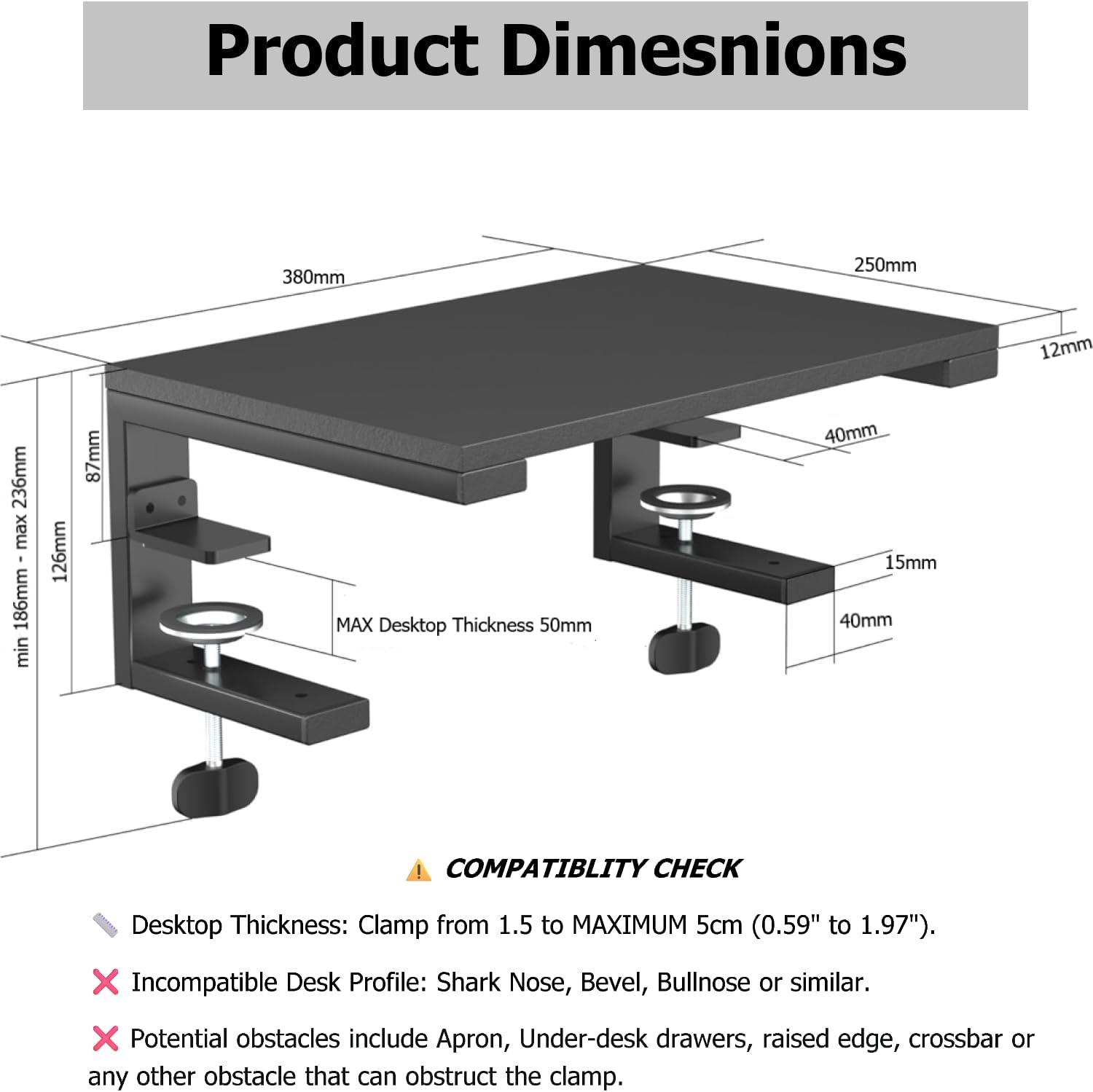 Officeozone 2-In-1 Desk Organizer, Extender Shelf & Monitor Riser, Clamp-On, 38 Cm, Black image number 4