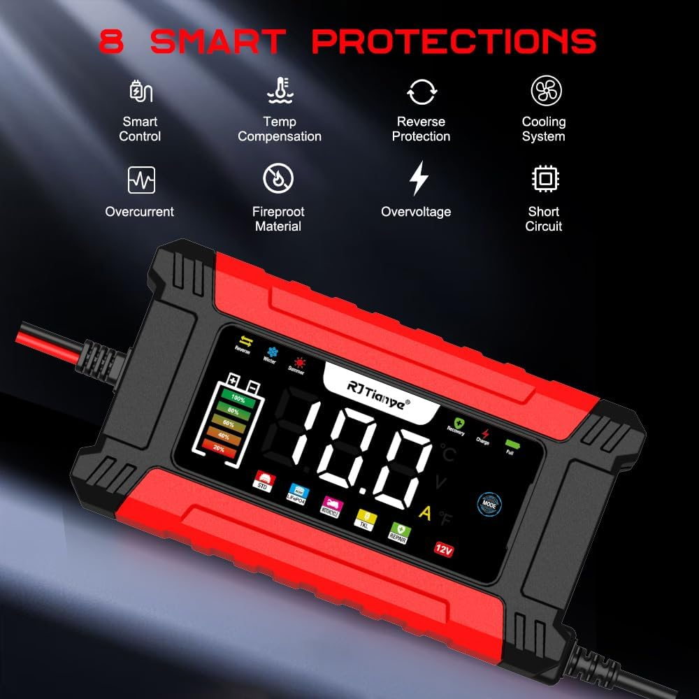 AILRINNI 10-Amp Car Battery Charger, 12V Smart Car Battery Charger AU Plug,Trickle Charger for Car - Smart Fully-Automatic Battery Maintainer with Temperature Compensation and LCD Display image number 1