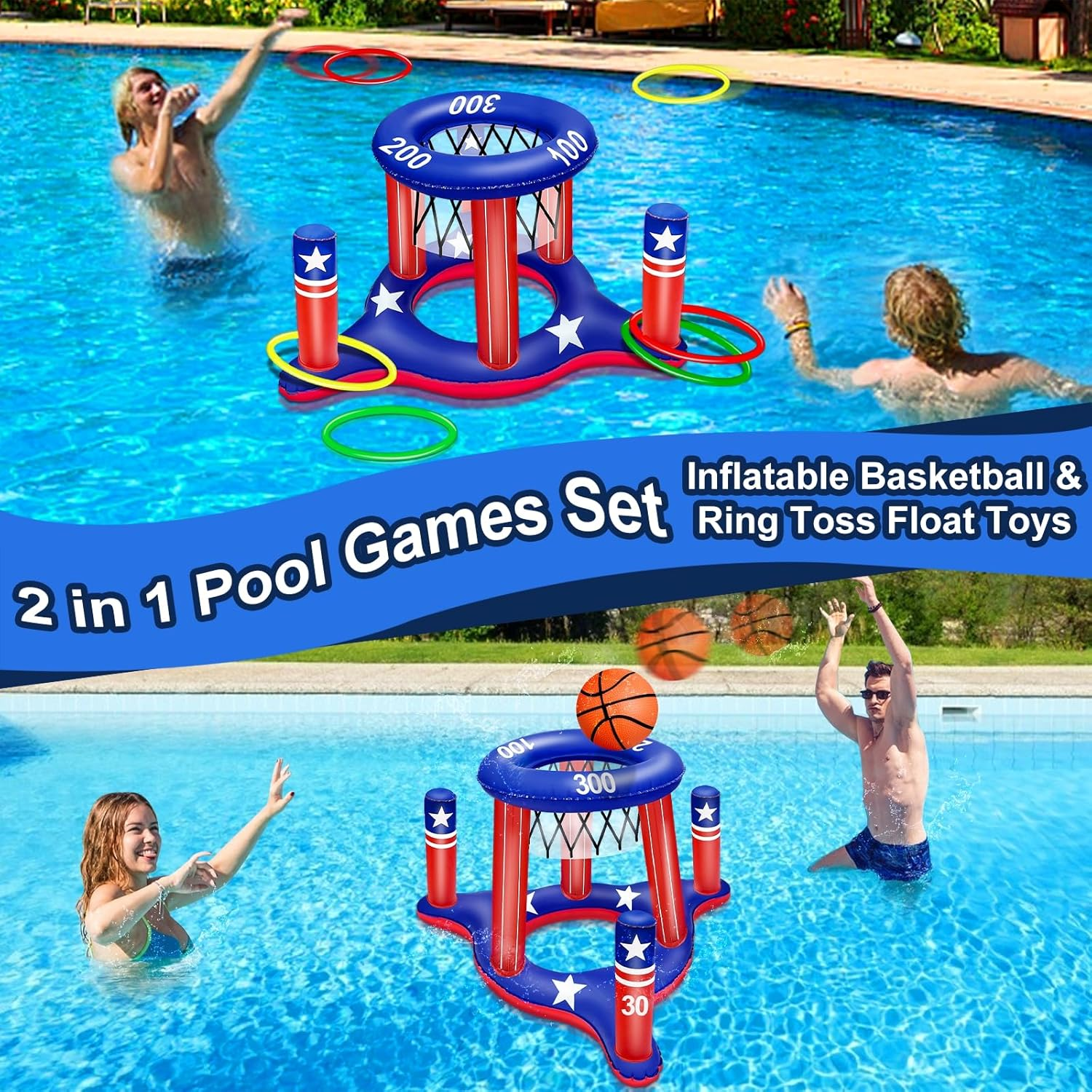American Flag Inflatable Cross Ring Toss with Floating Basketball Hoop, 6 Rings and 1 Basketball image number 3
