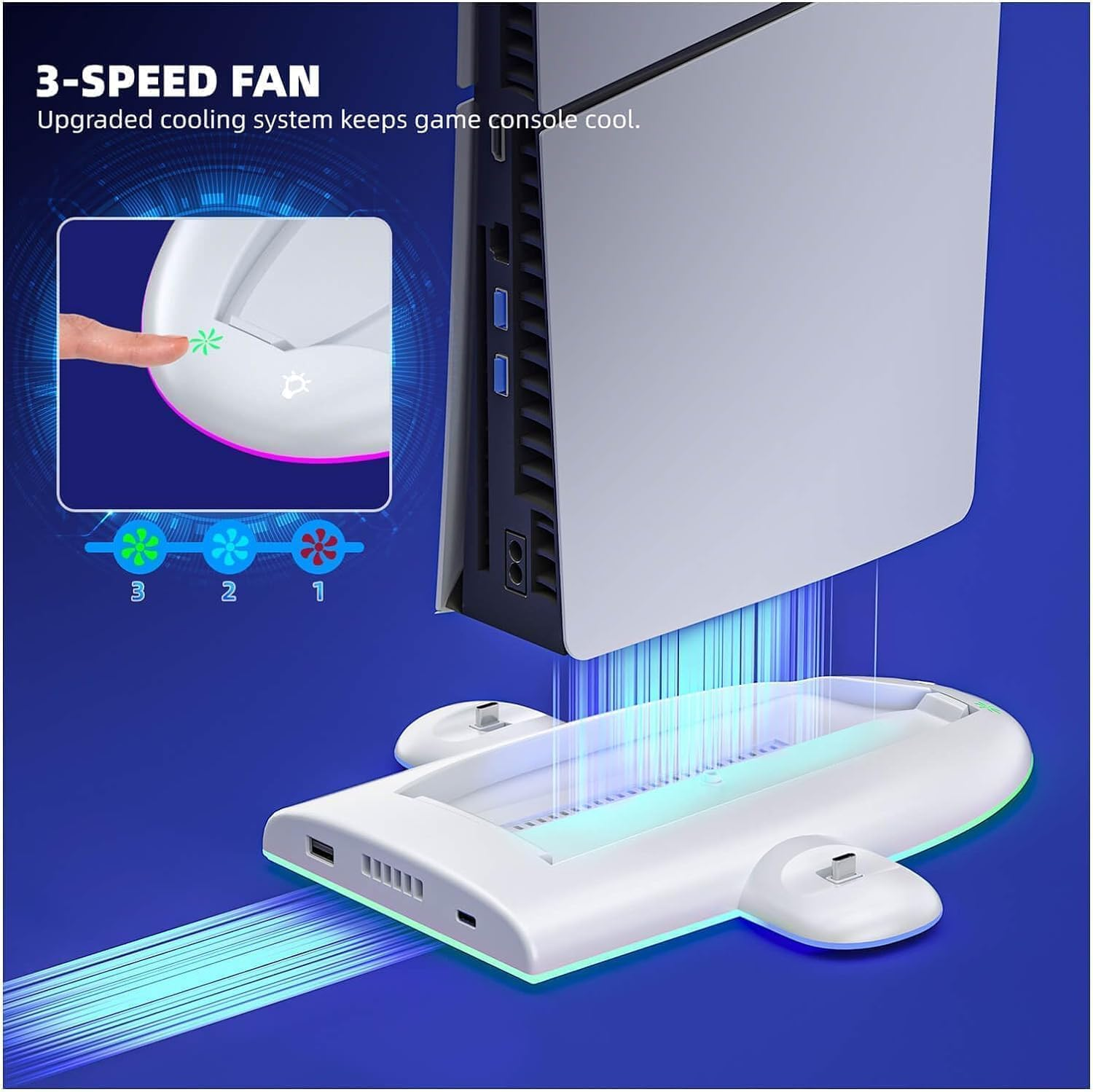Cooling Fan Stand Compatible with PS5 Slim Console Digital/Disc - Controller Charger with 9 RGB Lights image number 4