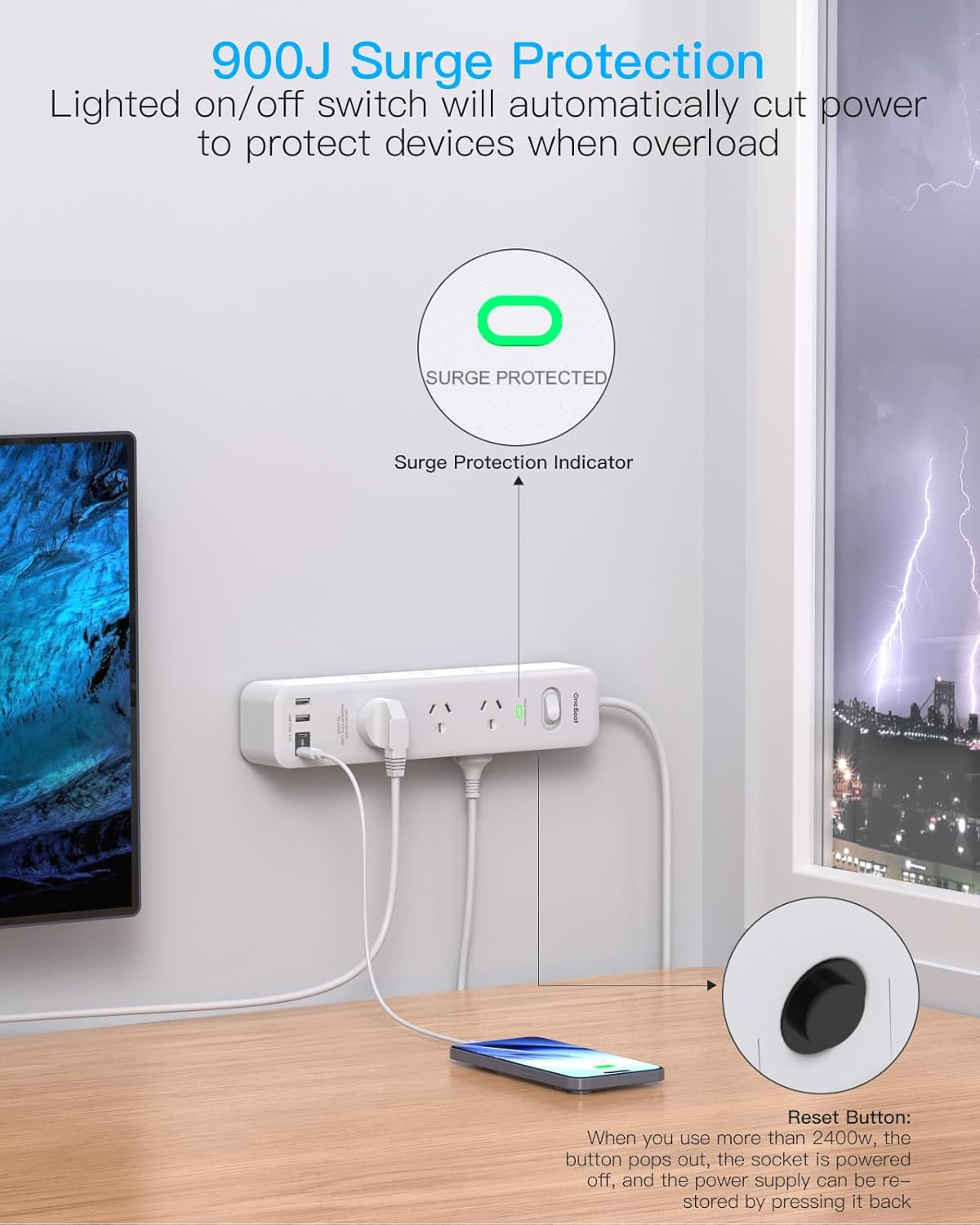 One Beat Surge Protected Power Board with 9 AC Outlets & 4 USB Ports (2&times;USB-C), USB Power Board with 1.8M Extension Cord, 900J Surge Protector,Wall Mount for Office, Dorm, Home Essentials image number 5