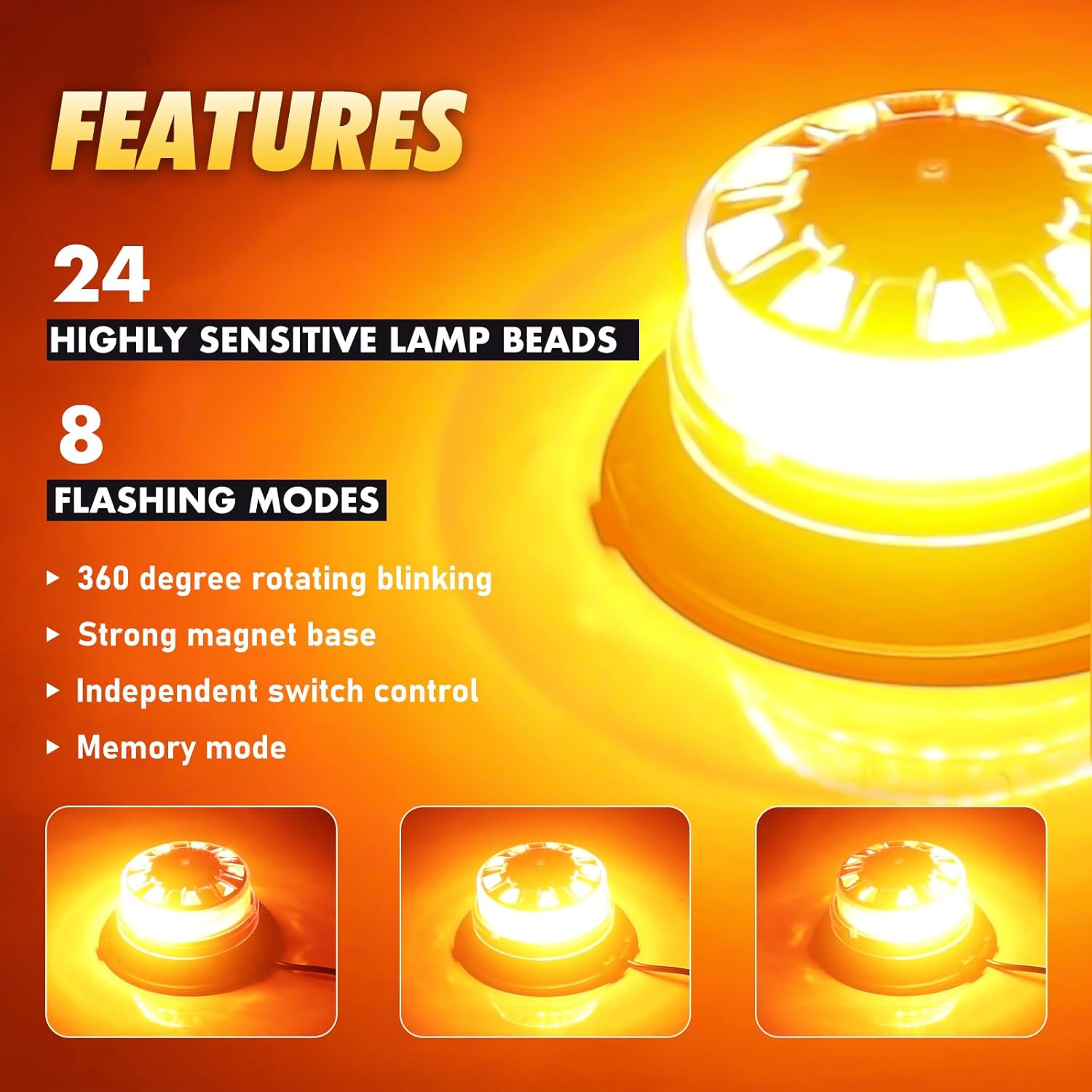 Kaidengzhe LED Strobe Lights with Magnetic, 8 Flash Modes Waterproof Beacon Light, 12V-24V Emergency Flashing Warning Car Top Lamp for Vehicle Forklift Truck Tractor Golf Carts UTV Car Bus, Amber image number 3