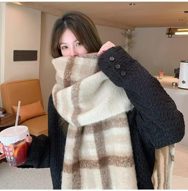 MININAI Womens Large Chunky Color Block Tassel Scarf Oversized Thick Scarves Long Shawl Fashion Winter Warm Blanket Scarf image number 5