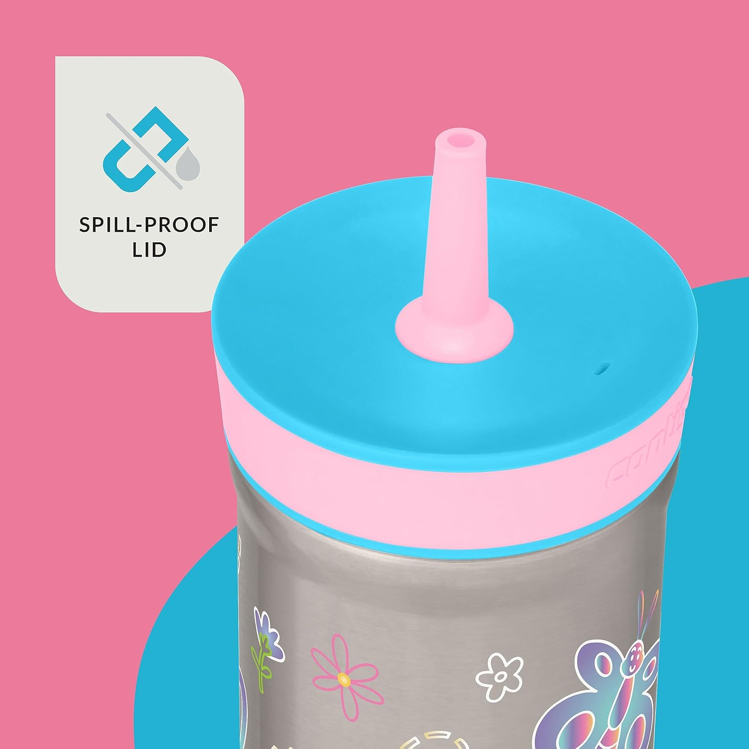 Contigo Leighton Vaccum-Insulated Kids Water Bottle with Spill-Proof Lid and Straw, 12Oz Stainless Steel Water Bottle with Straw for Kids, Keeps Drinks Cold up to 13 Hours, Raspberry/Azalea - Raspberry/Azalea (Butterflies  Honeybees Gfx) image number 2