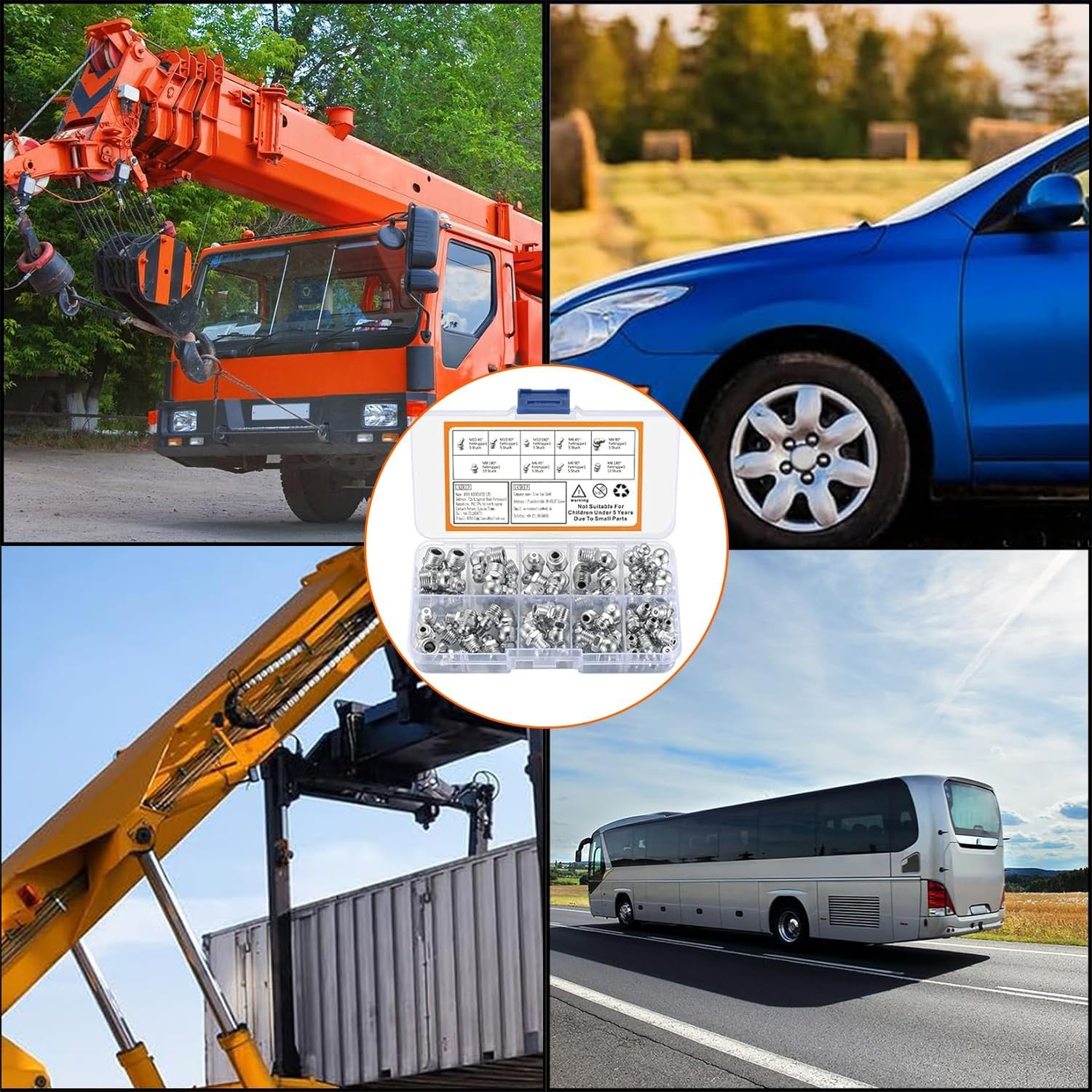 Metric Grease Fittings Kit, 60 Pcs Hydraulic Grease Zerk Assortment Kit, 45 90 Degree Grease Gun Fittings, M6 M8 M10 Straight and Angled Grease Zerk Kit for Grease Guns Mechanical Lubrication image number 6