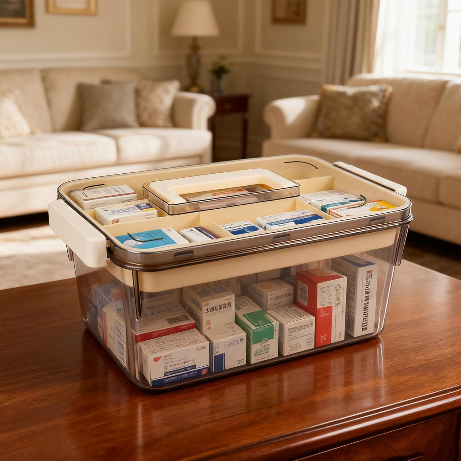 Portable Medicine Storage Box Organiser, Multipurpose Medical Box with Pill Box, Water-Resistant First Aid Kit Container with Handle for Home, Travel & Emergency Use