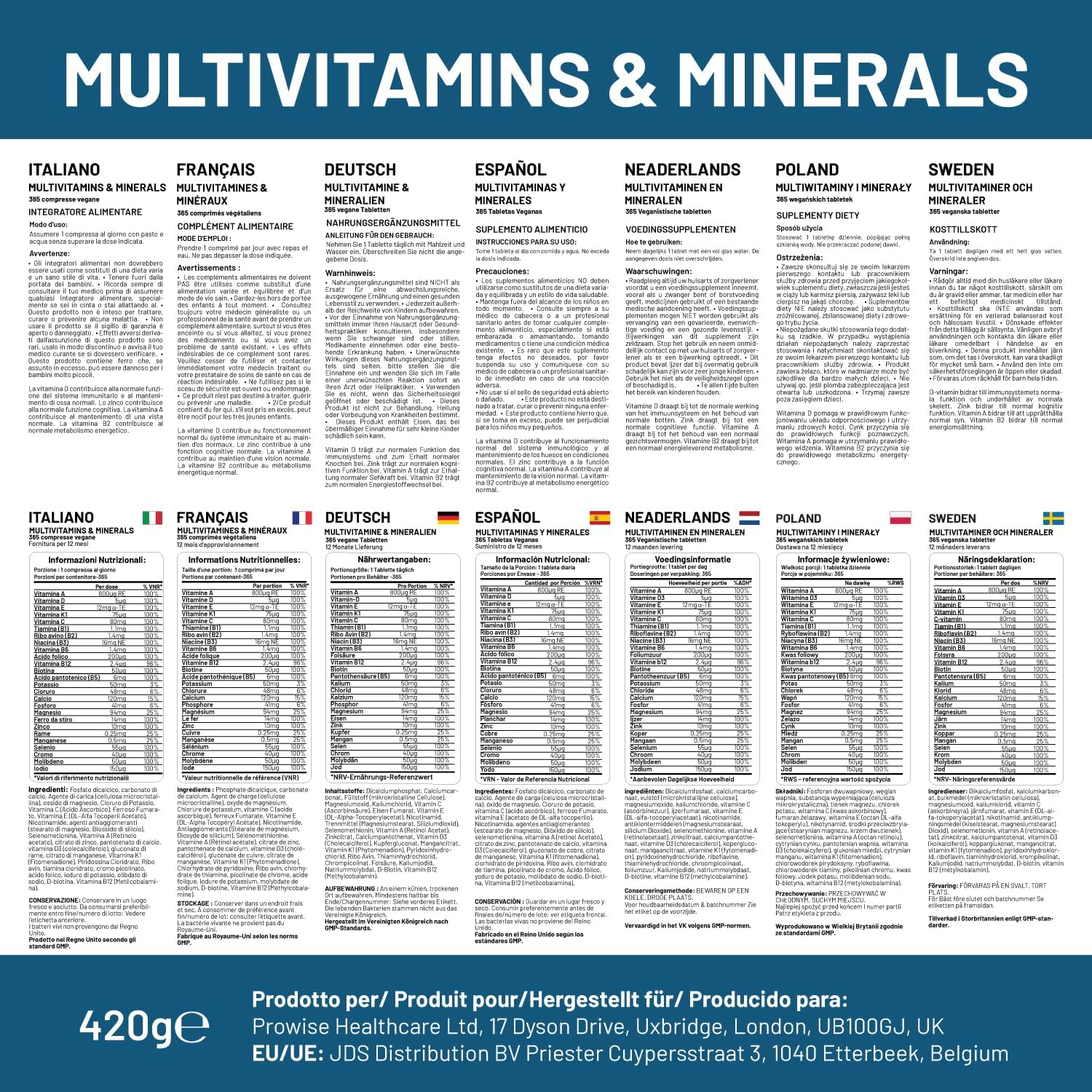 A-Z Multivitamins & Minerals I 365 Vegan Tablets (1 Year Supply) I 26 Essential Active Vitamins, Minerals & Micronutrients for Men and Women I Made in the UK by Prowise Healthcare image number 1