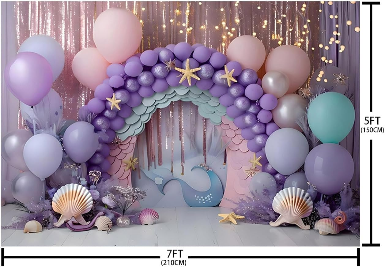 AIBIIN 7X5Ft Purple Balloons for Girls Birthday Ocean Shells Princess Cake Smash Party Banner Portrait Photo Props image number 1