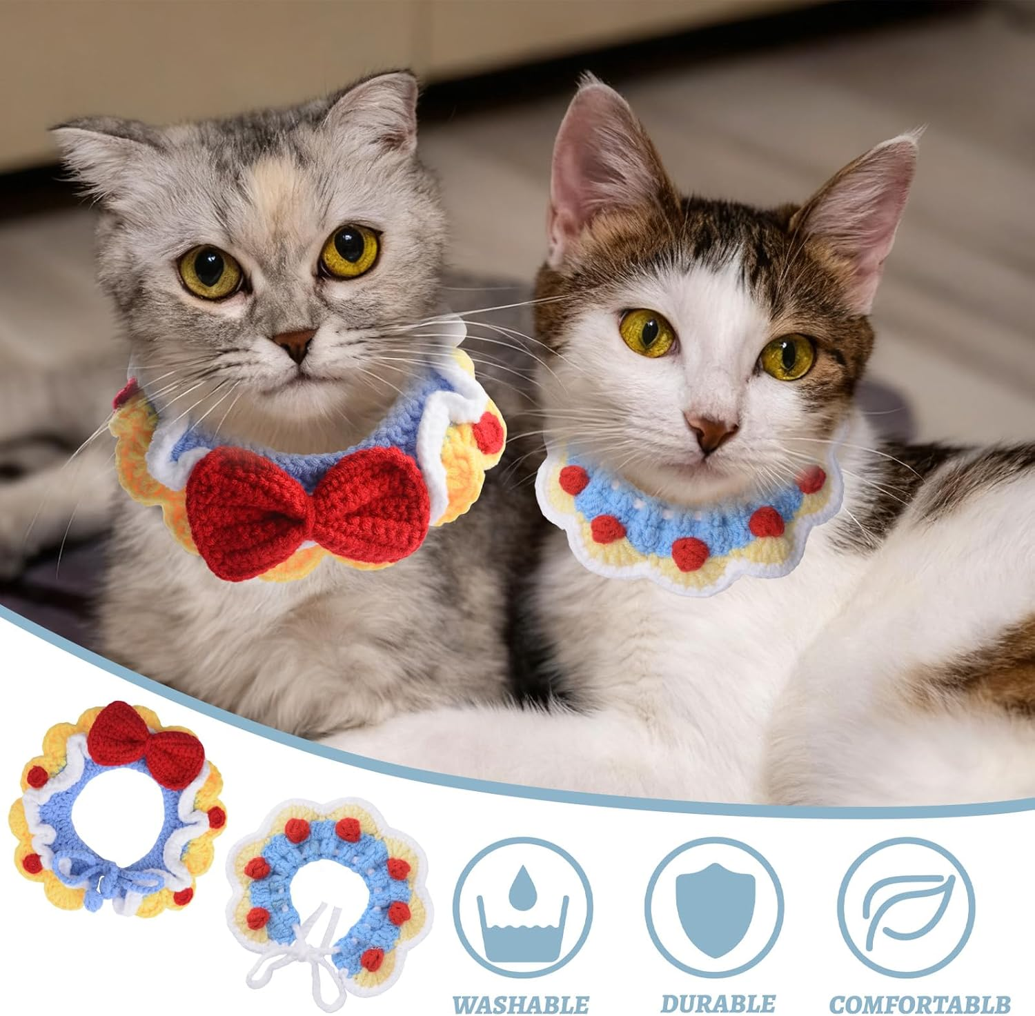 HACRAHO Adjustable Knit Pet Collar，2 PCS Knitted Cat Collar Handmade Cute Cat Collars Breakaway Kitten Collars Adjustable Knitted Cats Collares for Girl Cats Puppies（M） image number 5