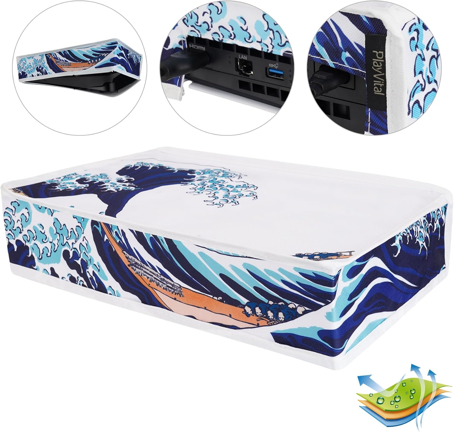 Playvital Horizontal Dust Cover for Ps5 Slim Digital Edition(The New Smaller Design), Nylon Dust Proof Protector Waterproof Cover Sleeve for Ps5 Slim Console - the Great Wave image number 2
