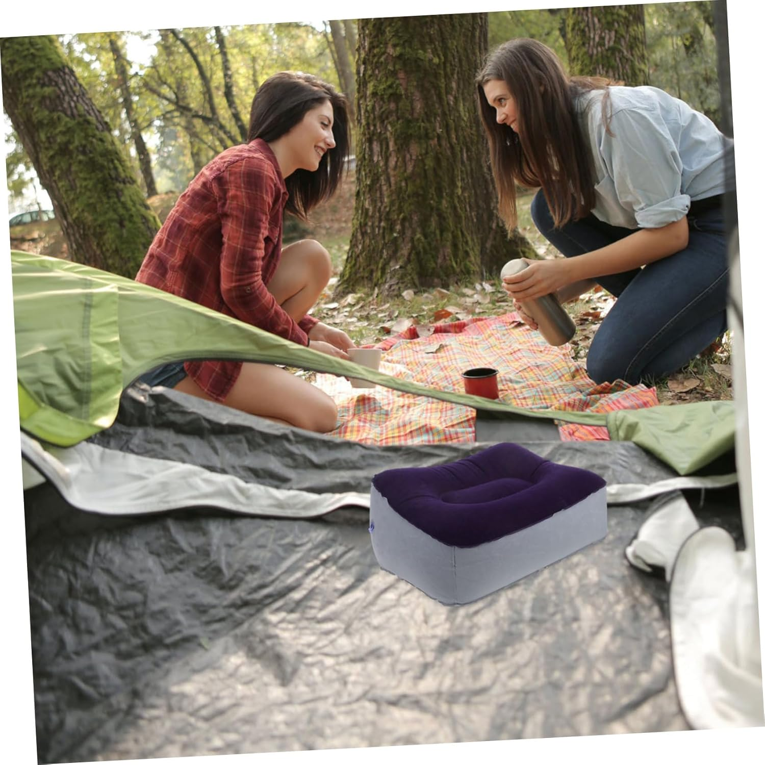 Operitacx 2Pcs Inflatable Foot Rest Pillow PVC Flocking Cushion for Travel Home Comfortable Footrest Stool for Airplane Car Office Grey Blue image number 5