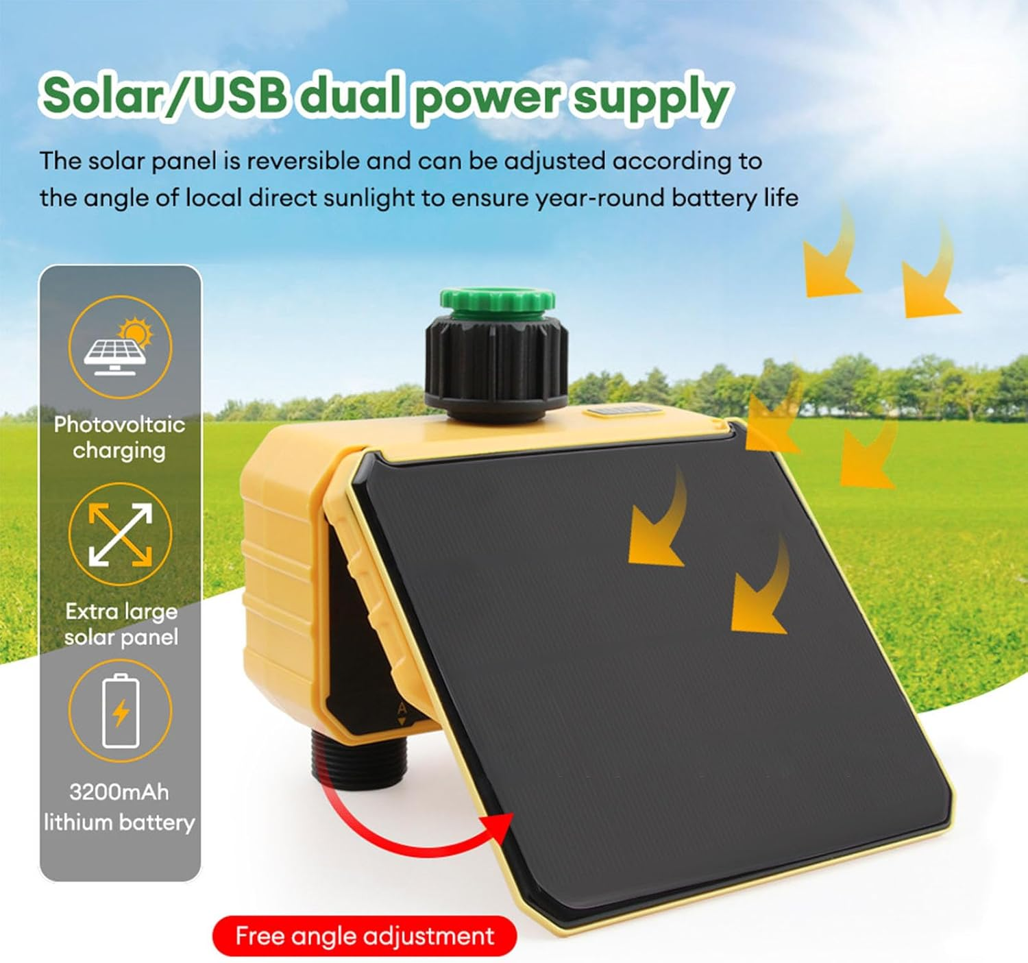 ASHATA Smart Wifi Water Timer, 2 Outlets Automatic Irrigation Sprinkler Timer, APP Remote Control, with Solar Panel, 3200Mah Battery, for Lawn Yard Garden Balcony