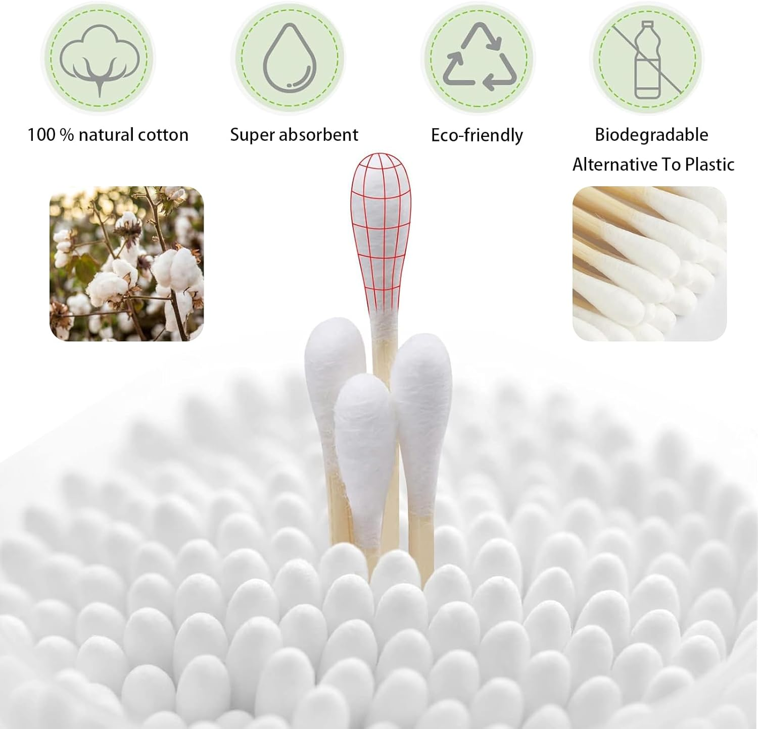 1000 Double Headed Cotton Swabs, Wooden Sticks with Double Headed Circular Cotton Swabs, Wooden Sticks for Makeup and Cleaning image number 1