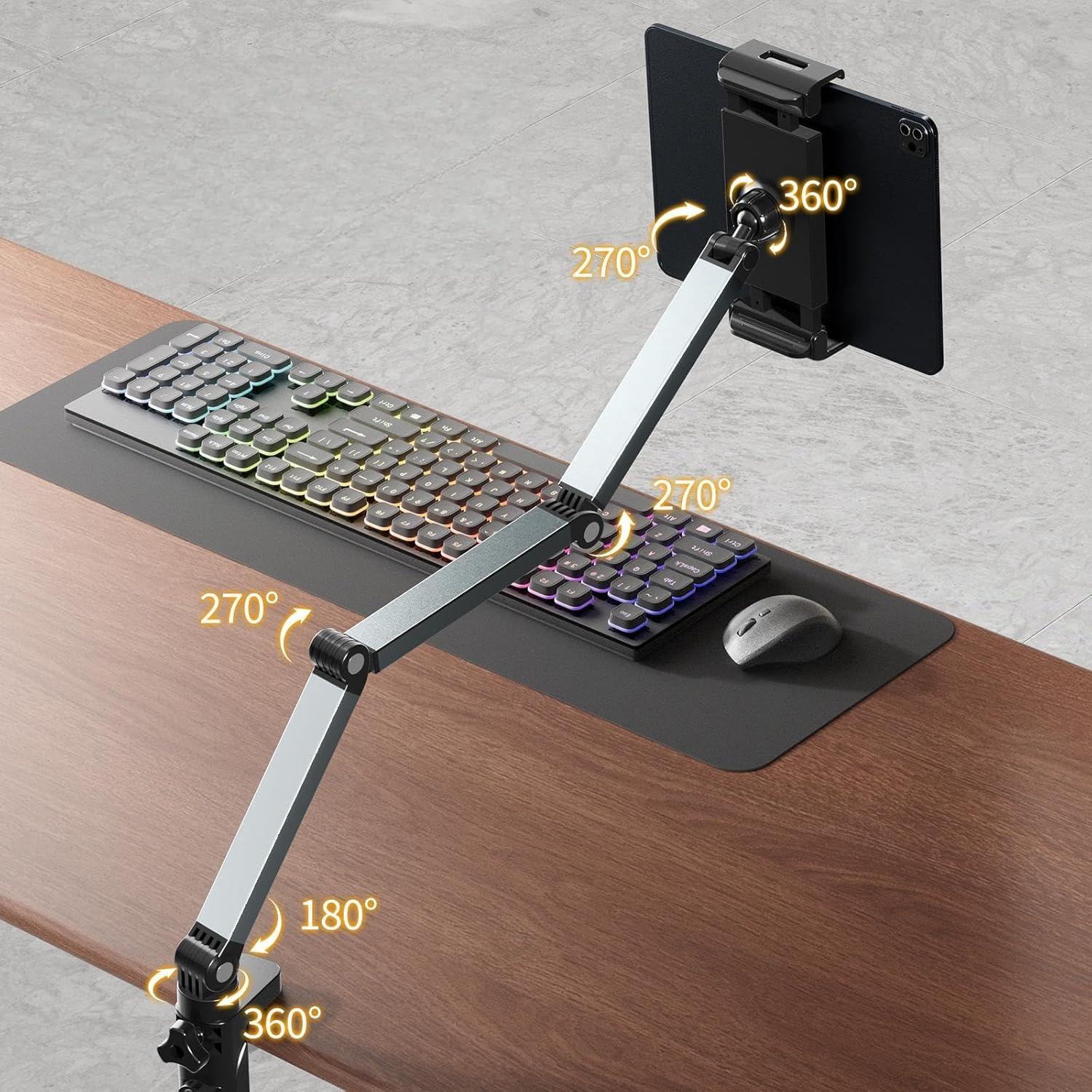 Tablet Stand Holder, Foldable Ipad Phone Tablet Stand for Desk and Bed, Aluminum Alloy Arm Mount 360&deg; Adjustable Phone Holder Compatible, Phones or Other 4.7-16" Device (Black)