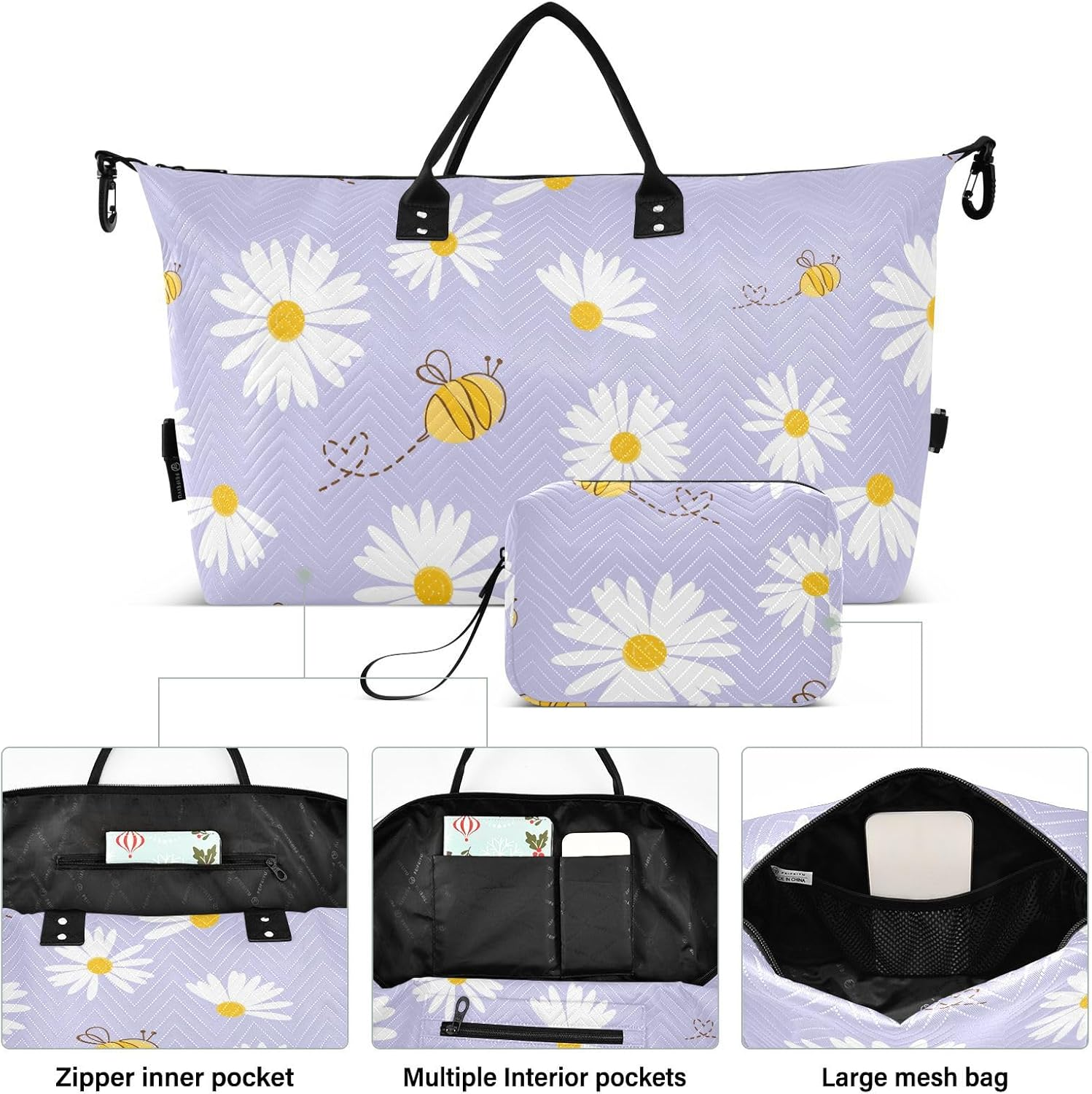 Large Travel Duffel Luggage Carry on Shoulder Weekend Tote Daisy Flower Field Bee Happy Good Luck Sports Duffel Bags, Seamless Daisy Flower Field Bee Happy Good Luck, Set of 2, Art Deco image number 5