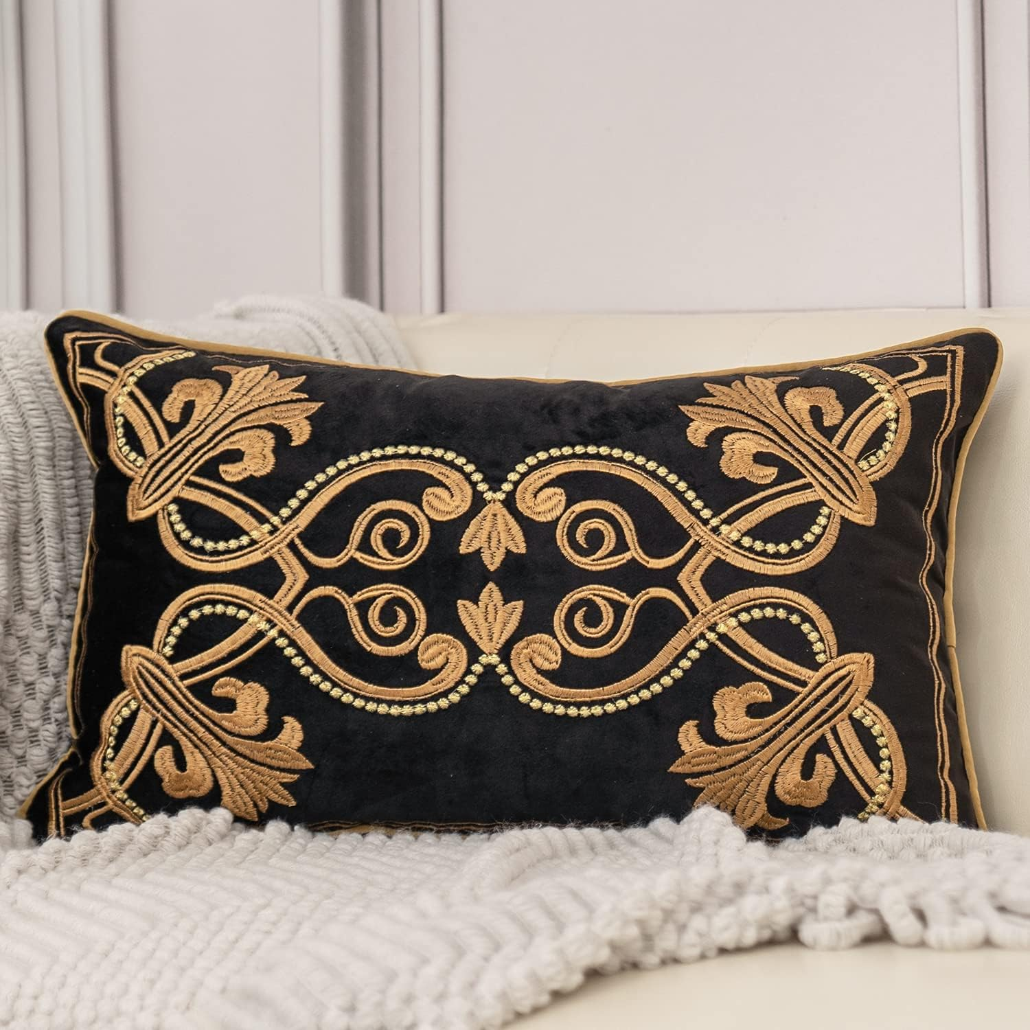 Aeckself European Floral Pillow Cover 12X20 Inch, Luxury Velvet Embroidered Decorative Lumbar Throw Pillow Cover for Couch Bedroom Living Room, Black and Gold image number 3