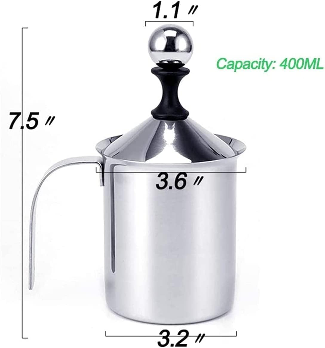 Stainless Steel Manual Milk Frother, Hand Pump Milk Foamer with Filter Screen for Cappuccino Coffee Latte Hot Chocolate, 14-Ounce Capacity (400Ml)