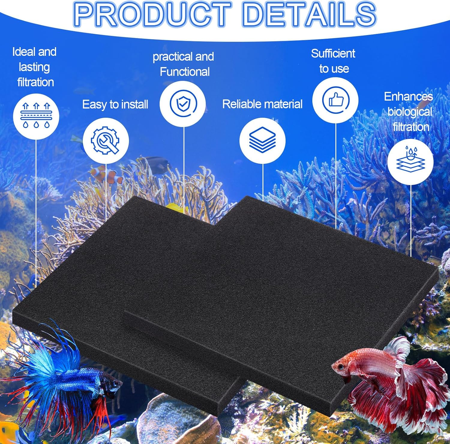 Glooglitter 2 Pcs Aquarium Filter Foam Sponges Filter Media Pad 19.69 X 19.69 X 1.57 Inches Black Fish Tank Sponge Filter for Aquarium Aquatic Pet (50PPI) image number 2