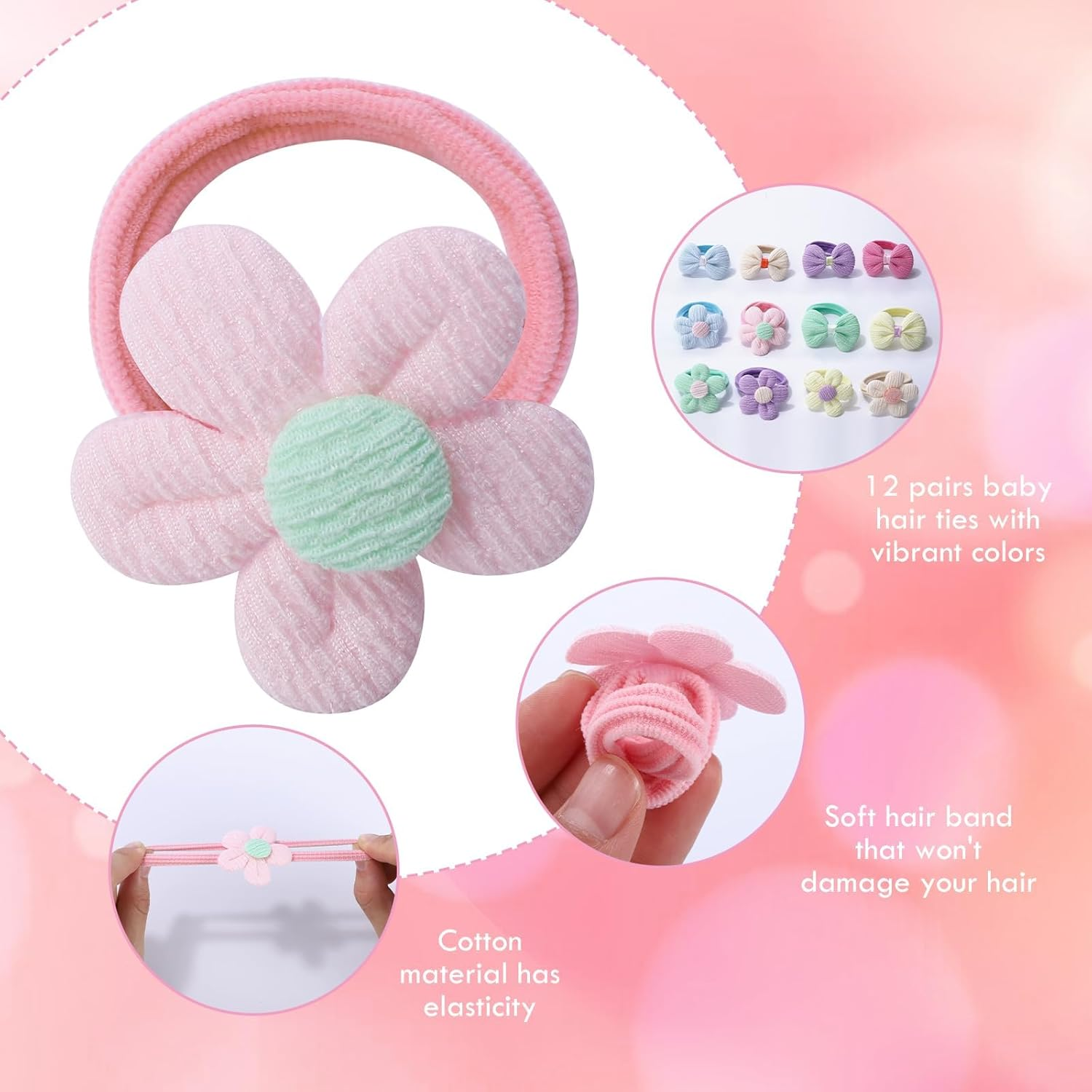 Toddler Hair Ties, 24 Pcs Small Hair Ties, No Crease Baby Hair Ties, Hair Tie Bows Cute Flower Elastic Scrunchies, Little Girls Hair Accessories for Baby Girls Infants Toddlers Kids image number 1