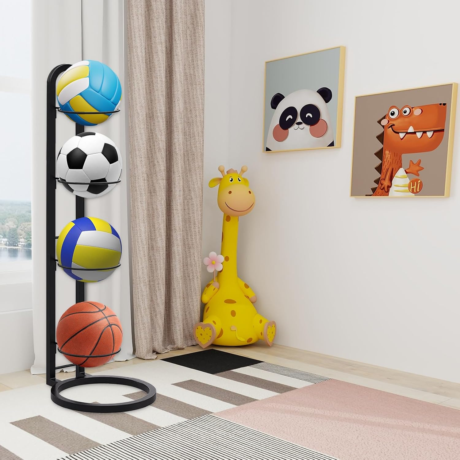 4-Tier Vertical Ball Storage Rack Ball Storage Rack Removable Vertical Display Sports Equipment Organizer Space-Saving Durable for Basketball Volleyball Football Rugby Badminton image number 2