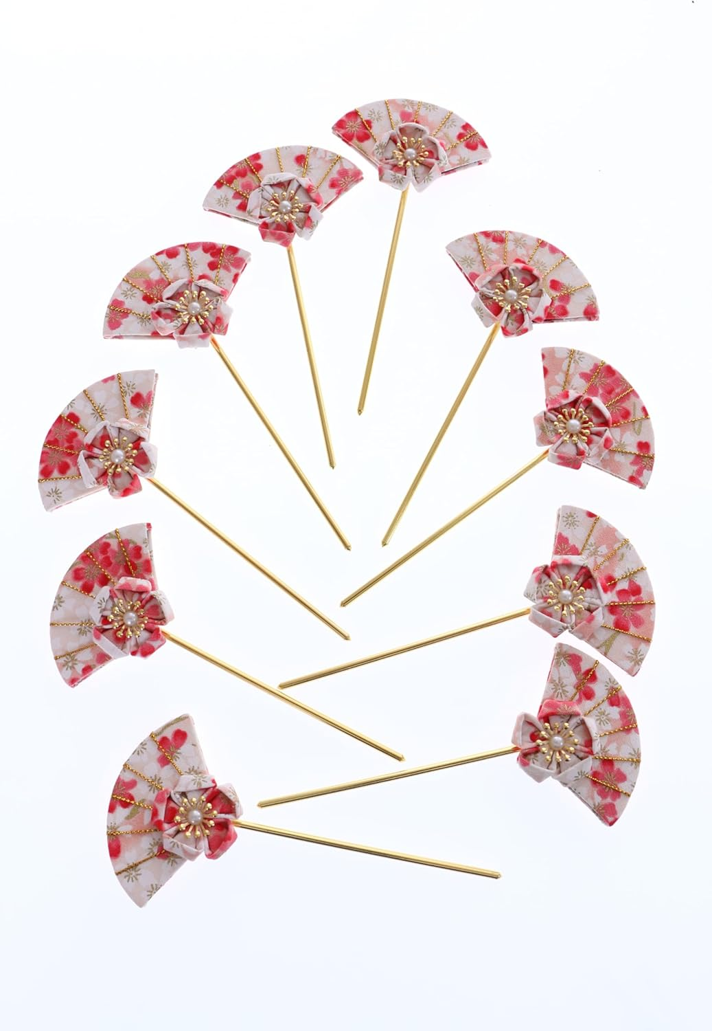 C-121-3 Pink White Hair Pin Fan Shape Pin Hairpin Fabric Flower Sakura Japan Geisha Kimono Accessory image number 6