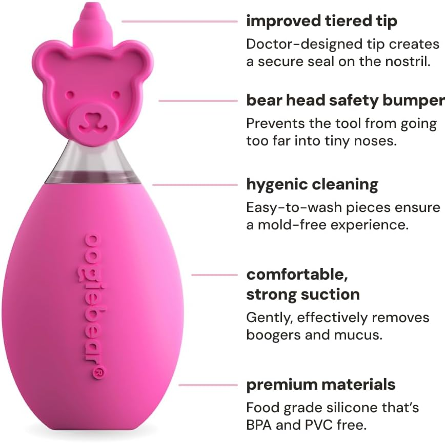 Oogiebear Bear Pair &mdash; the Safe Baby Booger Cleaner and Nose Sucker Duo | Bulb Aspirator and 2-In-1 Nose and Ear Wax Cleaner | Latex and BPA Free - Raspberry image number 1