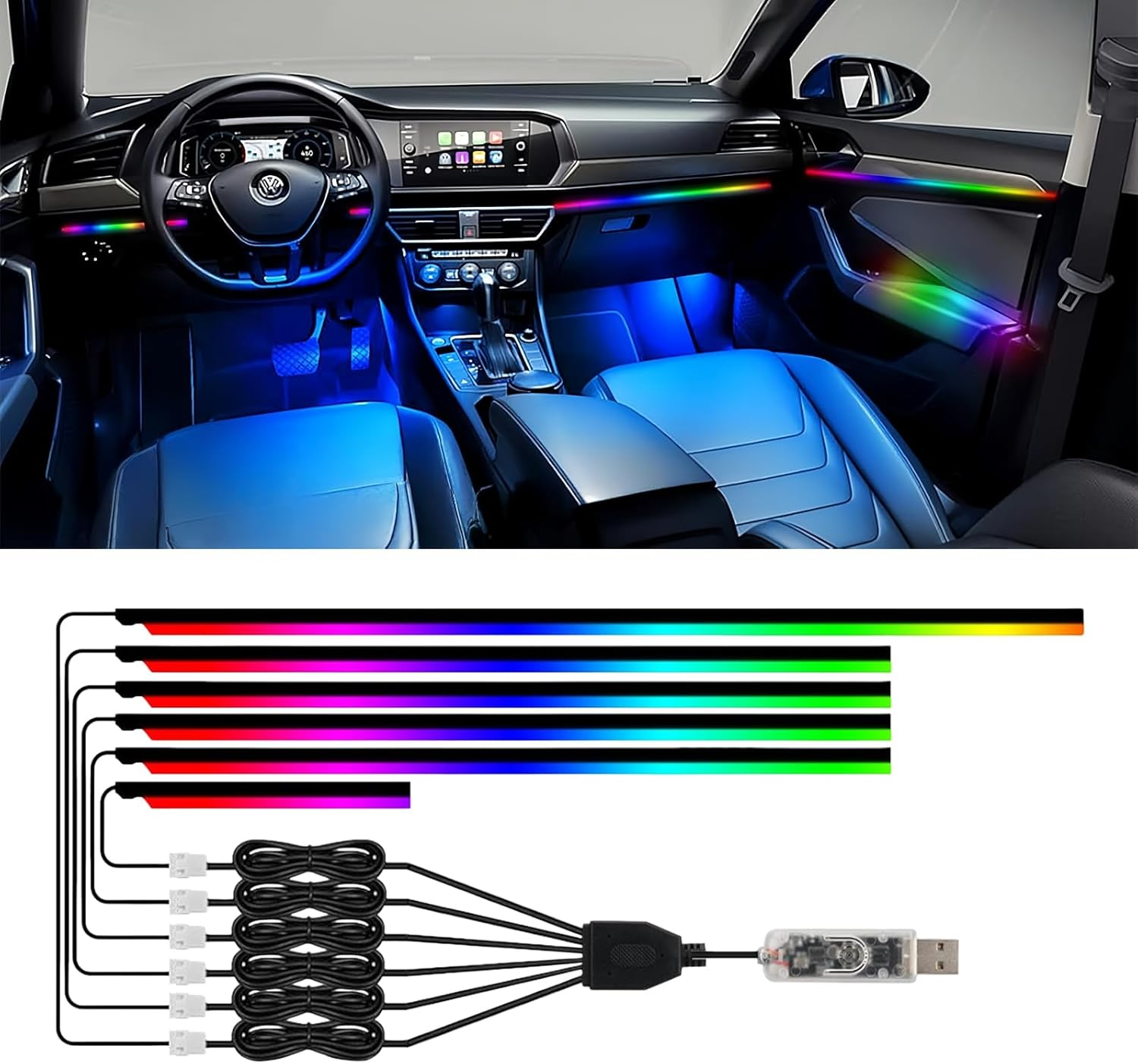Acrylic Interior Car LED Lights 6-In-1 Kit, APP Control with USB Port, RGB Music Sync Ambient Lighting, Neon Strip for Dashboard & 4 Doors, Universal for Cars Trucks SUV