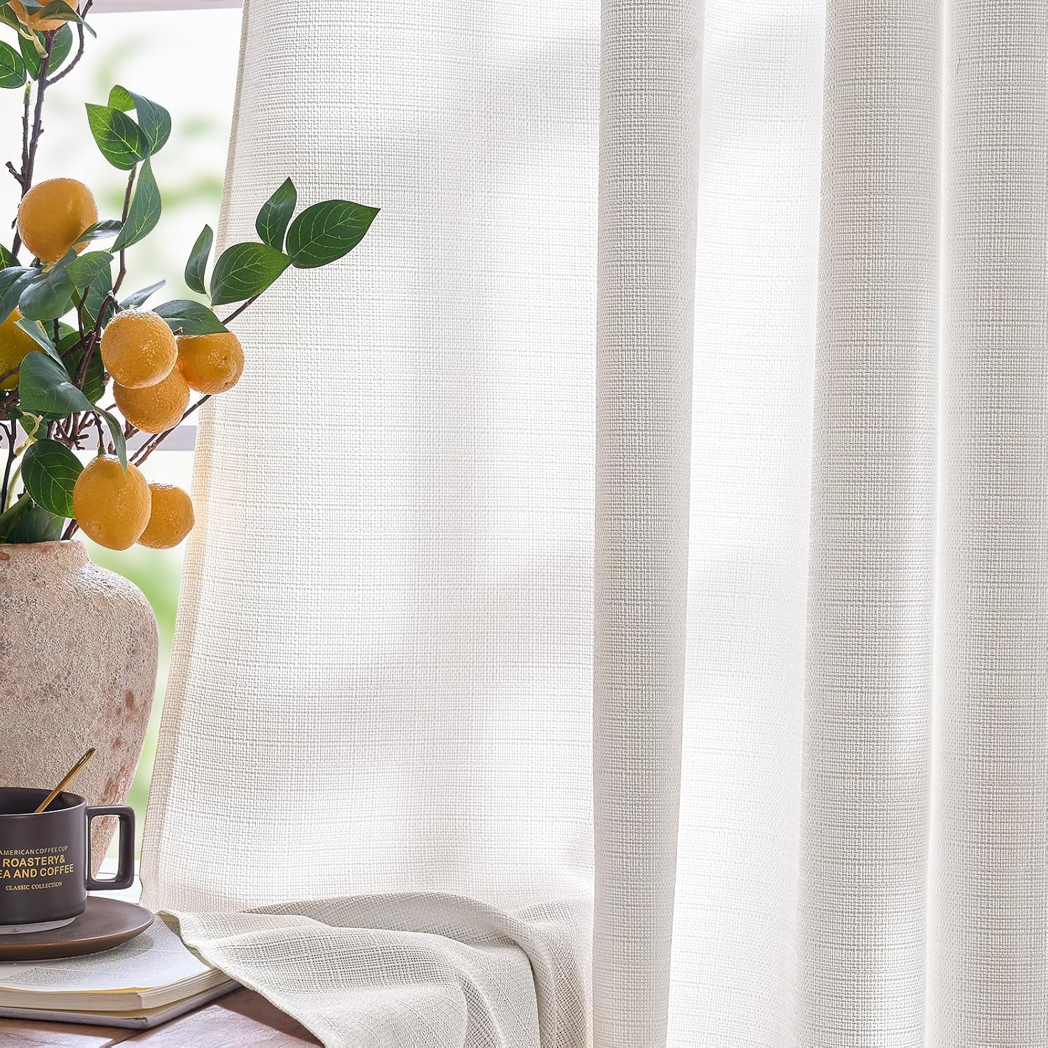 JINCHAN Linen Beige Curtains for Living Room Farmhouse Rod Pocket Back Tab Light Filtering Window Drapes for Bedroom Curtains Crude 2 Panels,Each W127Cm X D244Cm