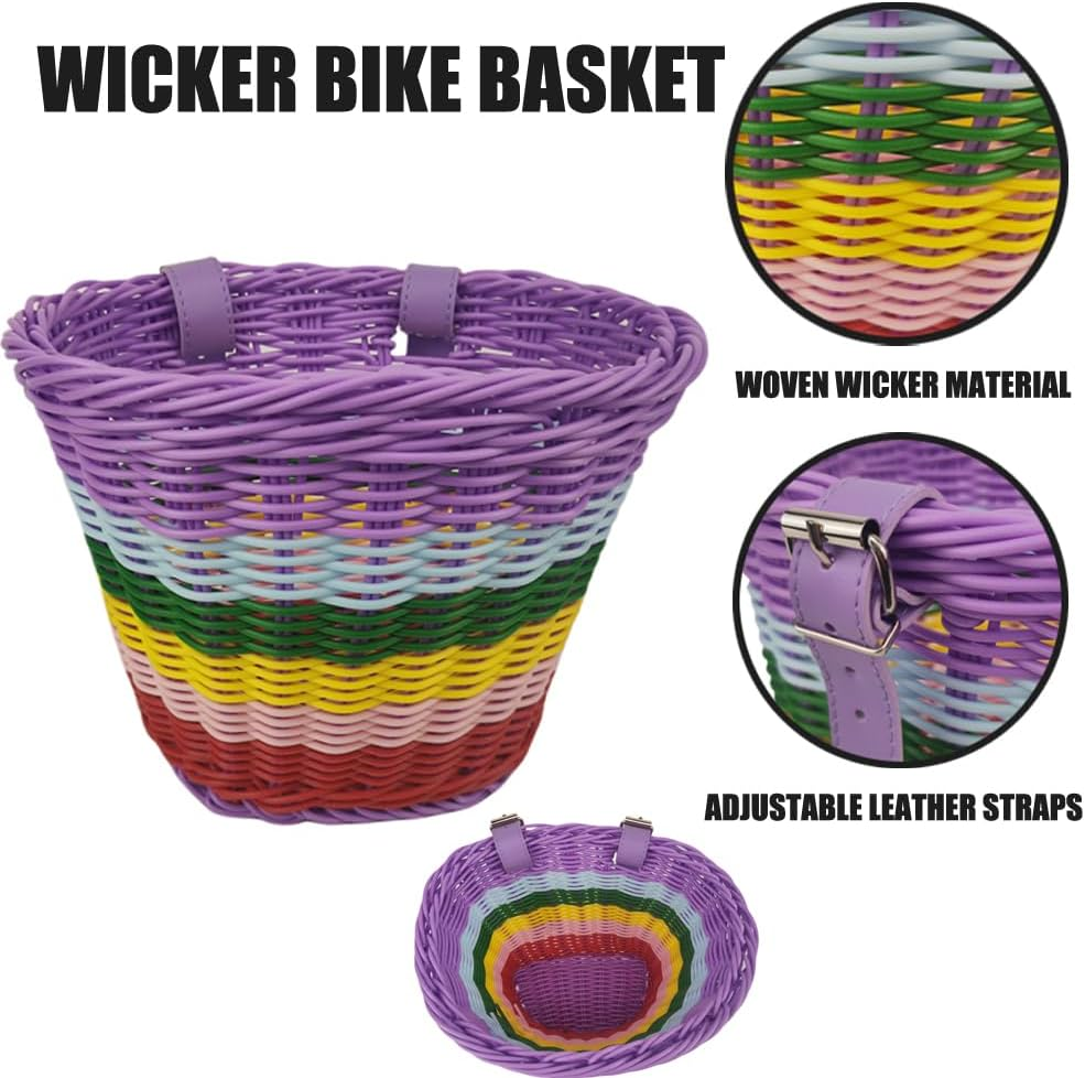 Kids Bike Basket, Front Bicycle Bike Baskets for Kids, Small Wicker Bike Basket for Boys and Girls, Small Wicker Basket for Bike, with 1Pc Bicycle Bell, and 1Pairs Ribbons Tassels image number 3
