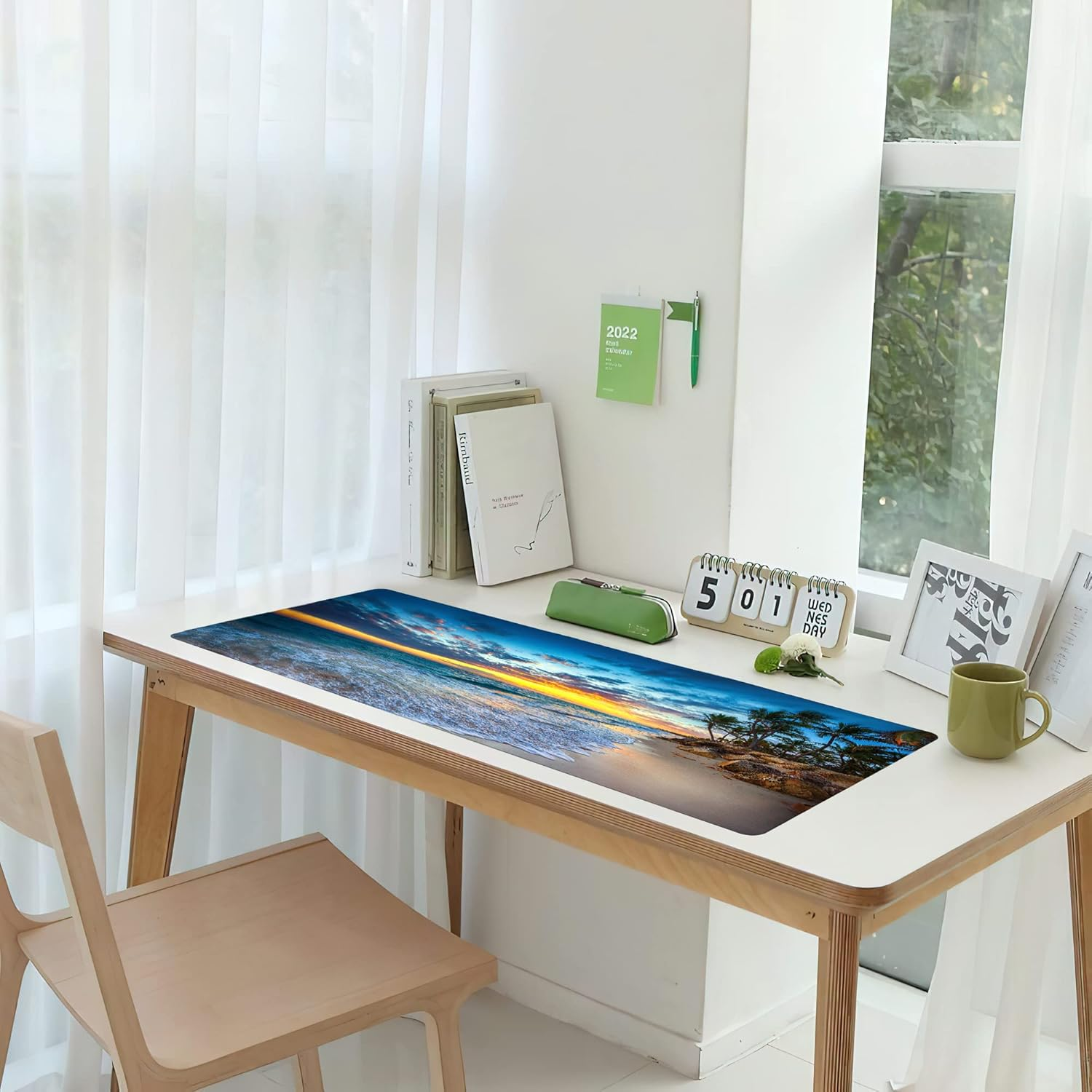 Hawaii Summer Beach Gaming Desk Mat Large,Palm Tree Sunset Extended Mousepad,Non-Slip Rubber Mouse Pad Stitched Edges,Desktop Decorative Accessories for Home Office 31.5" X 15.7" image number 4