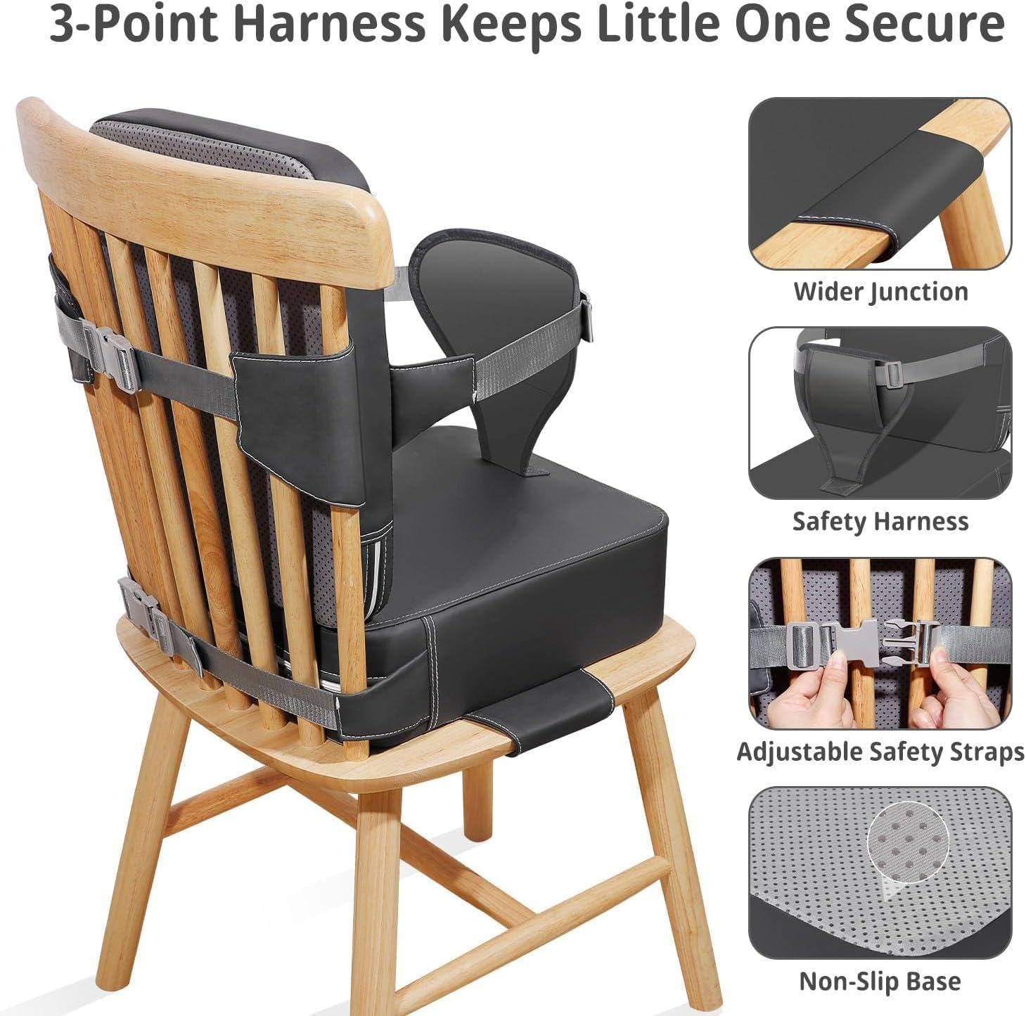 Toddler Booster Seat for Kitchen Chair, 2-In-1 Dining Table Booster Seat with Backrest & Adjustable Straps &ndash; Easy-Clean, PU Portable Toddler Eating Travel Increasing Cushion - Dark Grey - Light Khaki image number 6