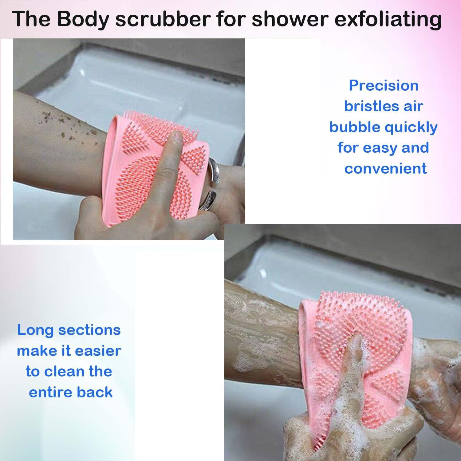 Paifeancodill Back Scrubber for Shower, Body Scrubber, Bath Body Brush, Double Sided Body Exfoliating & Scrubbing Bath Brush for Massage & Cleansing, Silicon Scrub Belt Pad Washer for Men Women(Pink)