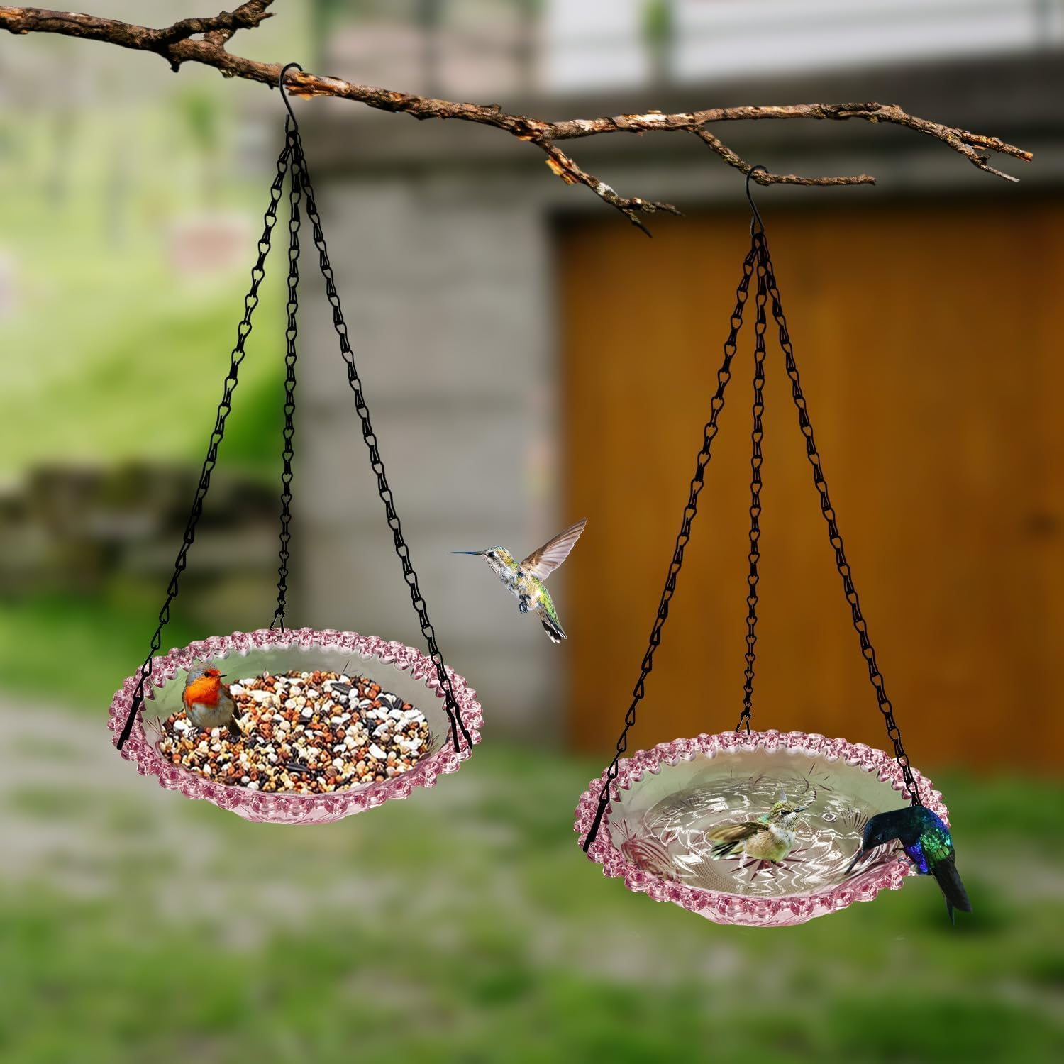 Flower Shaped Hanging Bird Bath Bowl with Metal Chain, Hanging Bird Feeder and Birdbath,Round Bird Flower Shaped Bird Feeder and Bath Bowl with Chain image number 4
