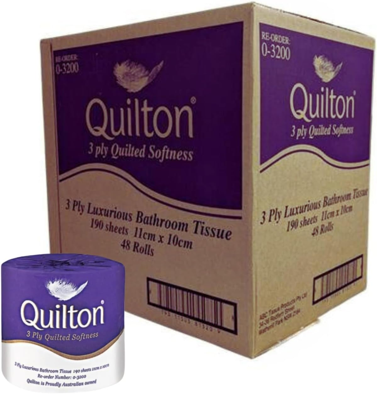Quilton 3 Ply Luxurious Bathroom Tissue - 190 Sheets per Roll 11Cmx10Cm - Individually Wrapped - Pack of 48 Rolls