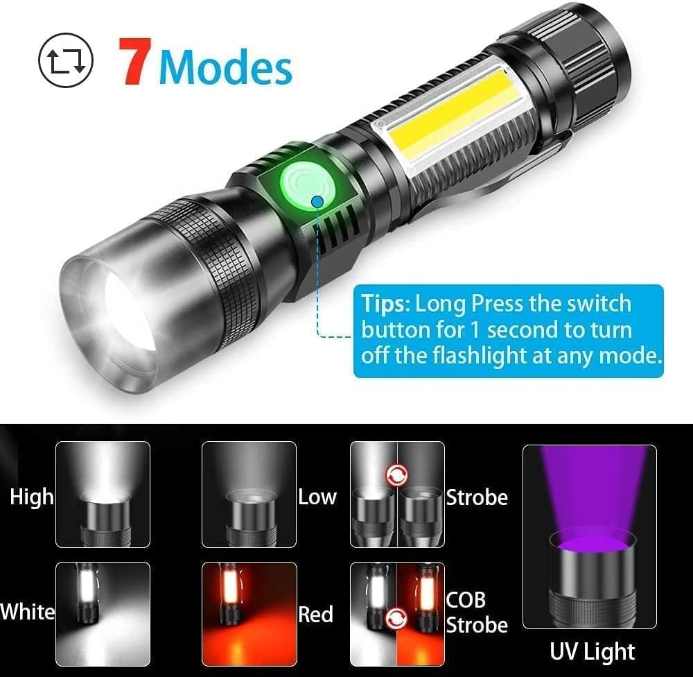 Rechargeable Flashlights, 3 in 1 Super Bright Black Light Flashlights 1200 Lumens, 7 Modes, Zoomable, IPX6 Waterproof Flash Light Recharchable for Camping, Emergency, Pet Clothing Detection image number 6