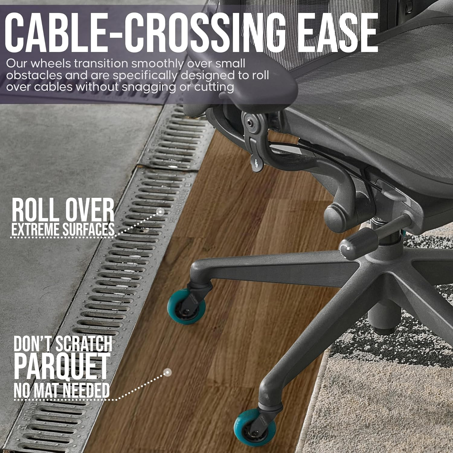 STEALTHO Replacement Office Chair Caster Wheels Set of 5 - Protect Your Floor - Quick & Quiet Rolling over the Cables - No More Chair Mat Needed - Blue Polyurethane - Universal Stem 7/16 Inch image number 3