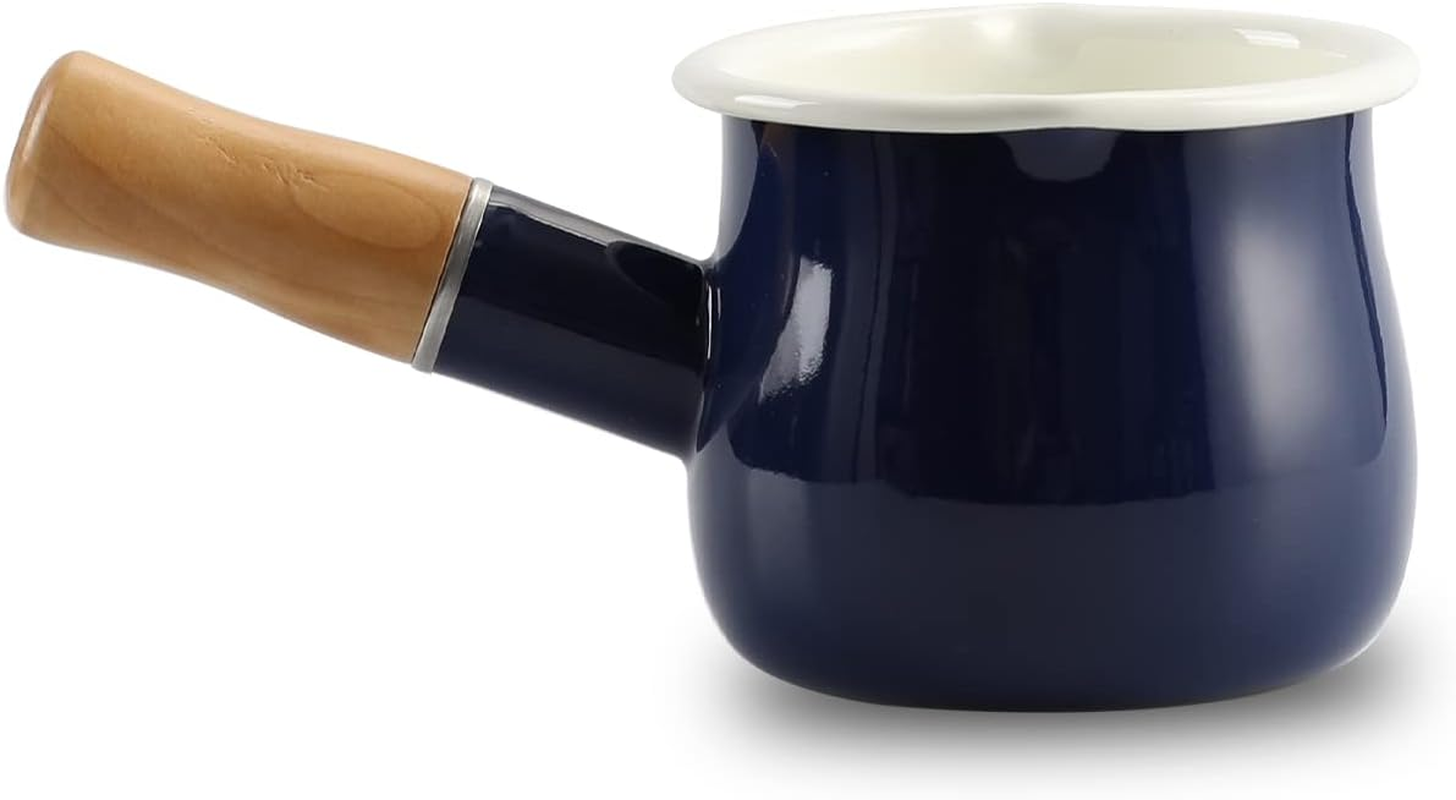 0.6Qt Mini Enamel Milk Pot Insulated Wooden Handle 2 Pour Spouts Small Food Warmer Cute Saucepan (D015,Mint Green)