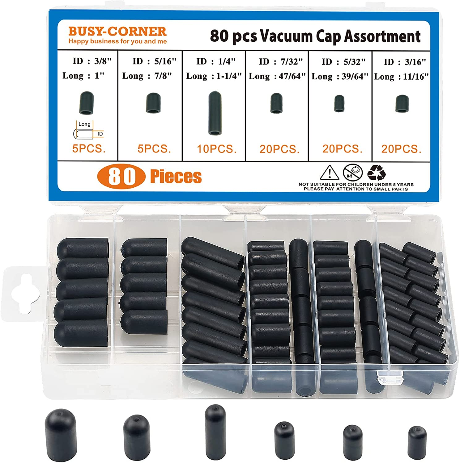 BUSY-CORNER 80 Pieces Vacuum Cap Assortment, Rubber, Dropper ID from 5/32" to 3/8" Sizes, Hose Caps Kit for Carburetor, Manifold (Black) image number 5