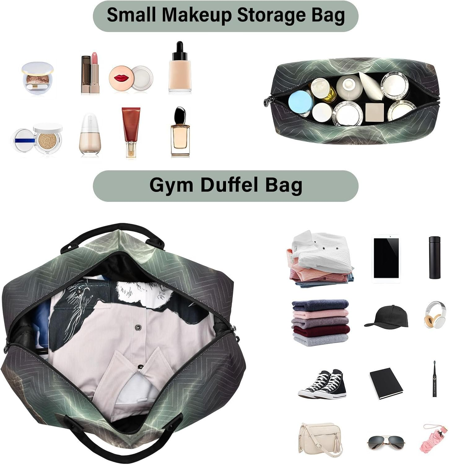 XYMZR Large Travel Duffel Bag, Cat Green Light Sport Tote Gym Bag, Shoulder Weekender Overnight Bag for Women Men, Carry on Luggage with Toiletry Bag, Multi-Colored