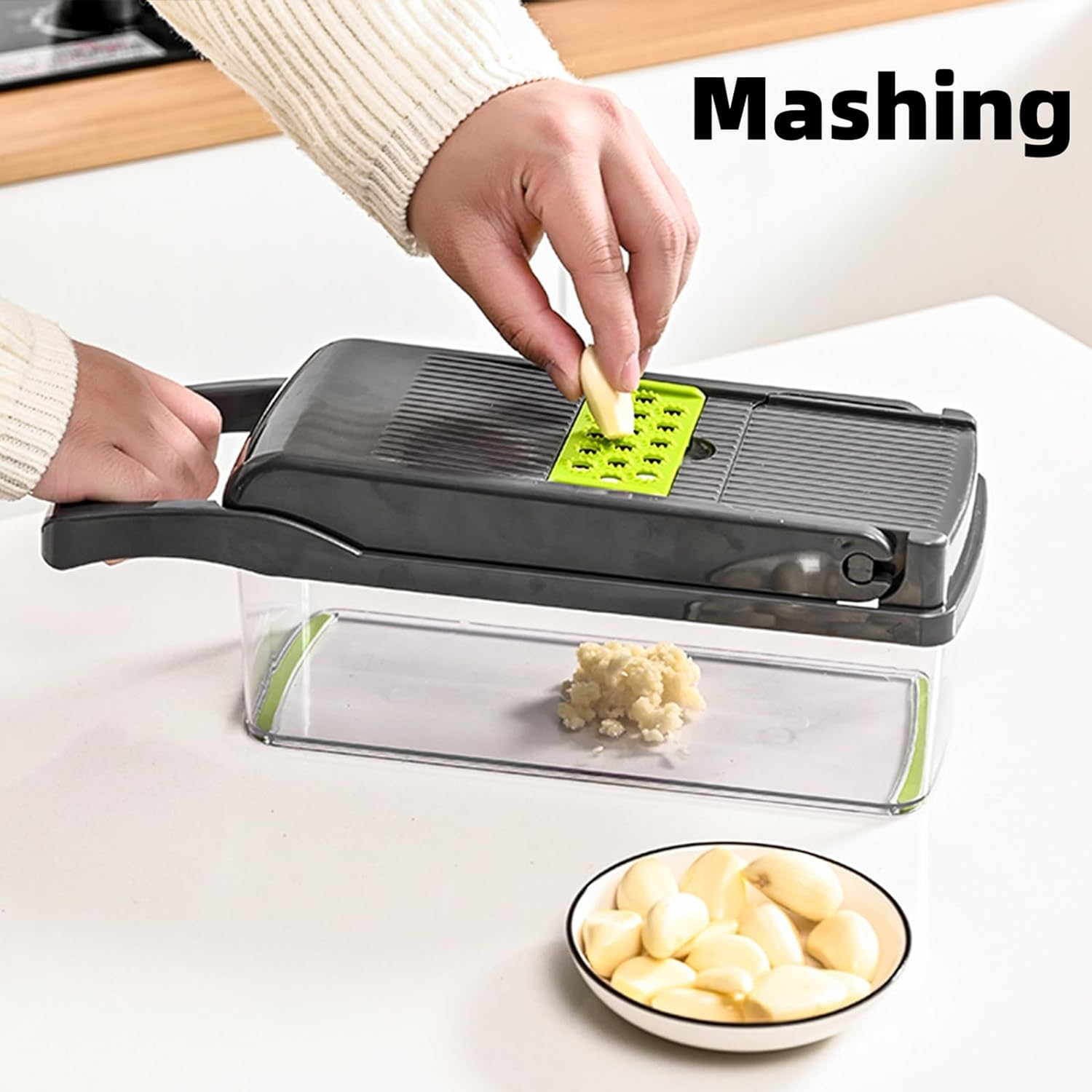 Vegetable Chopper Multifunctional Onion&Carrot Dicer，Potato Slicer Cutter，Pumpkin&Carrot Shreds with Sharp Blades，Egg White Separator and Drainage Basket (Grey Anti-Slip) image number 4