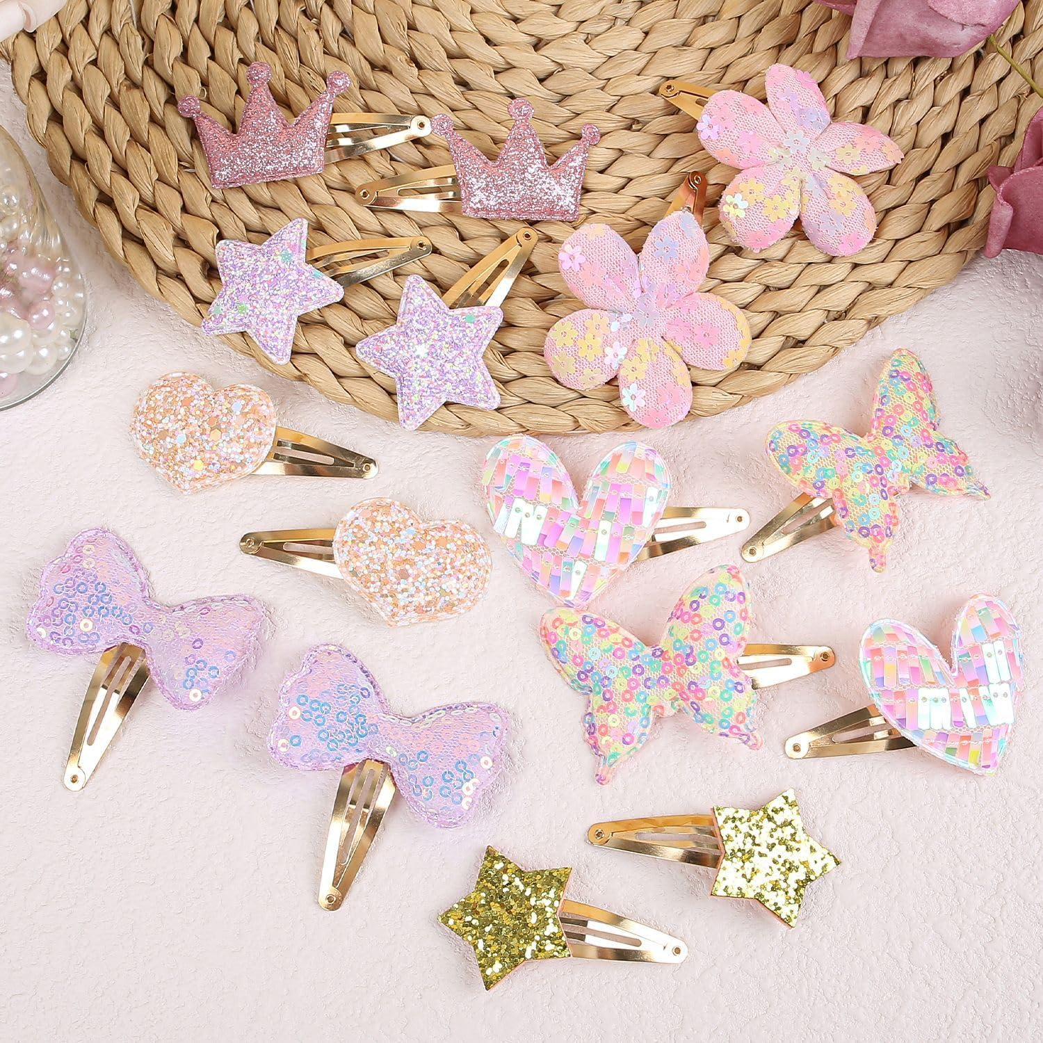 Rylaxzon Hair Clips for Girls - 8 Pairs of Flower, Bow, Star, Crown, Heart, Butterfly Shaped Barrettes and Pins Hair Clip - Metal Snap Hair Accessories for Girl & Baby image number 1