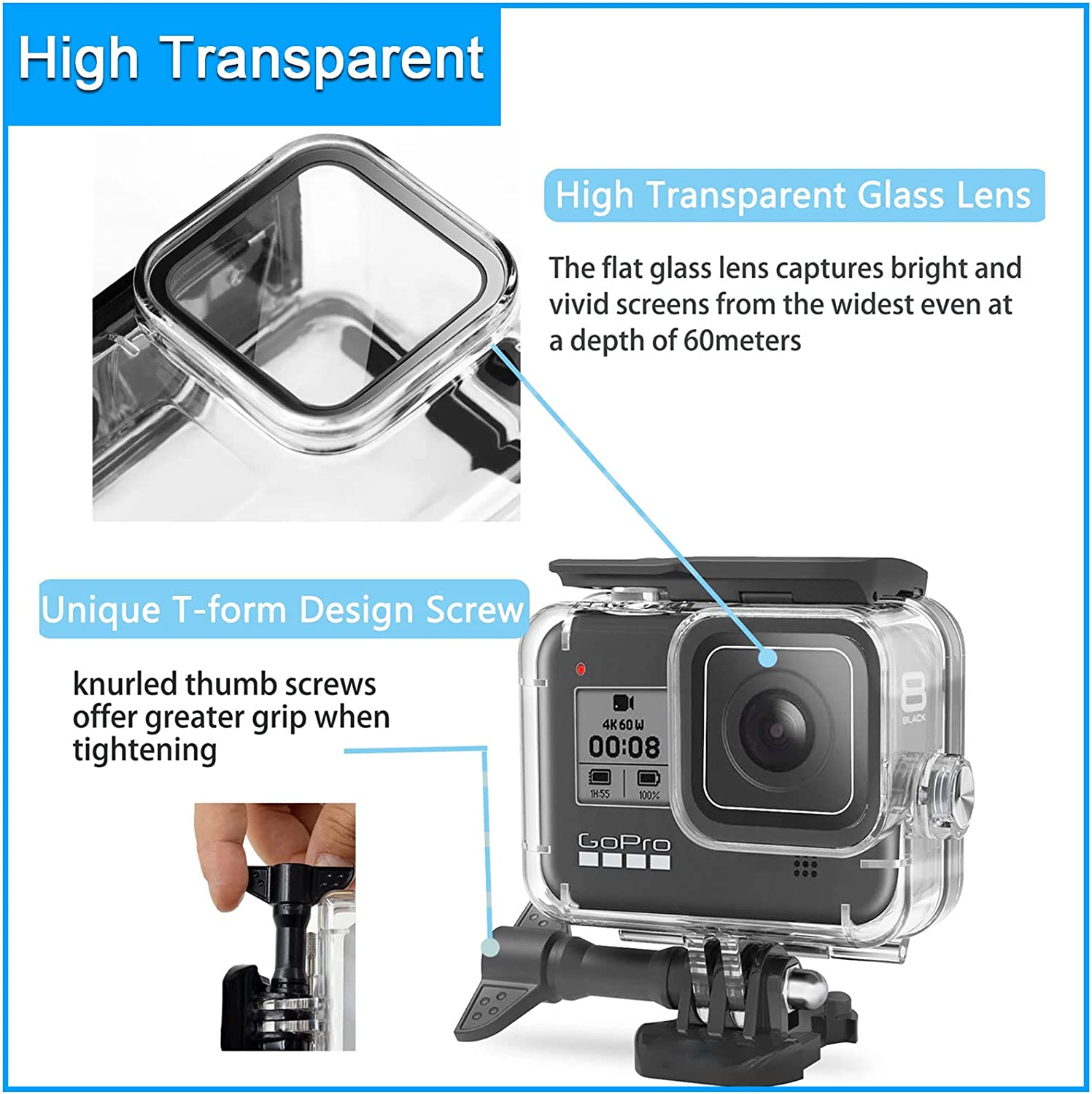 For Gopro Hero 8 Black Accessories Waterproof Protection Housing Case Diving 60M Protective for Gopro Hero 8 Sports Camera, IP68 image number 2