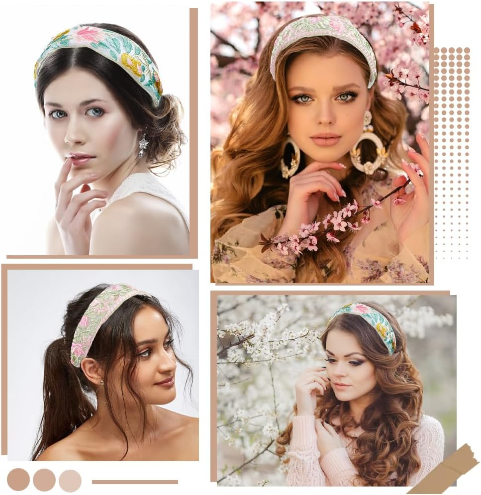 CABODYALS Pack of 3 3 Colours Colourful Floral Lace Headband Floral Embroidery Boho Vintage Hair Bands Fashionable Wide Elastic Embroidered Headband Set for Women Wedding Outfit Dress Hair Acc image number 4