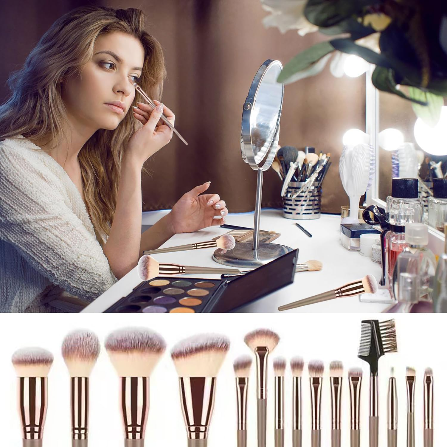 15 Pieces Professional Makeup Brush Set with PU Leather Cosmetic Bag Suitable for Mixed Foundation, Concealer, Blush, Eyeshadow, Contouring (Champagne Gold) image number 4