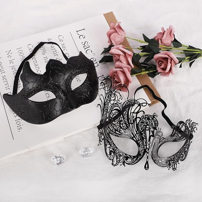 2 Pcs Masquerade Ball Mask for Couples, Venetian Mardi Gras Cosplay Party Masks Prom Ball Christmas Decoration image number 1